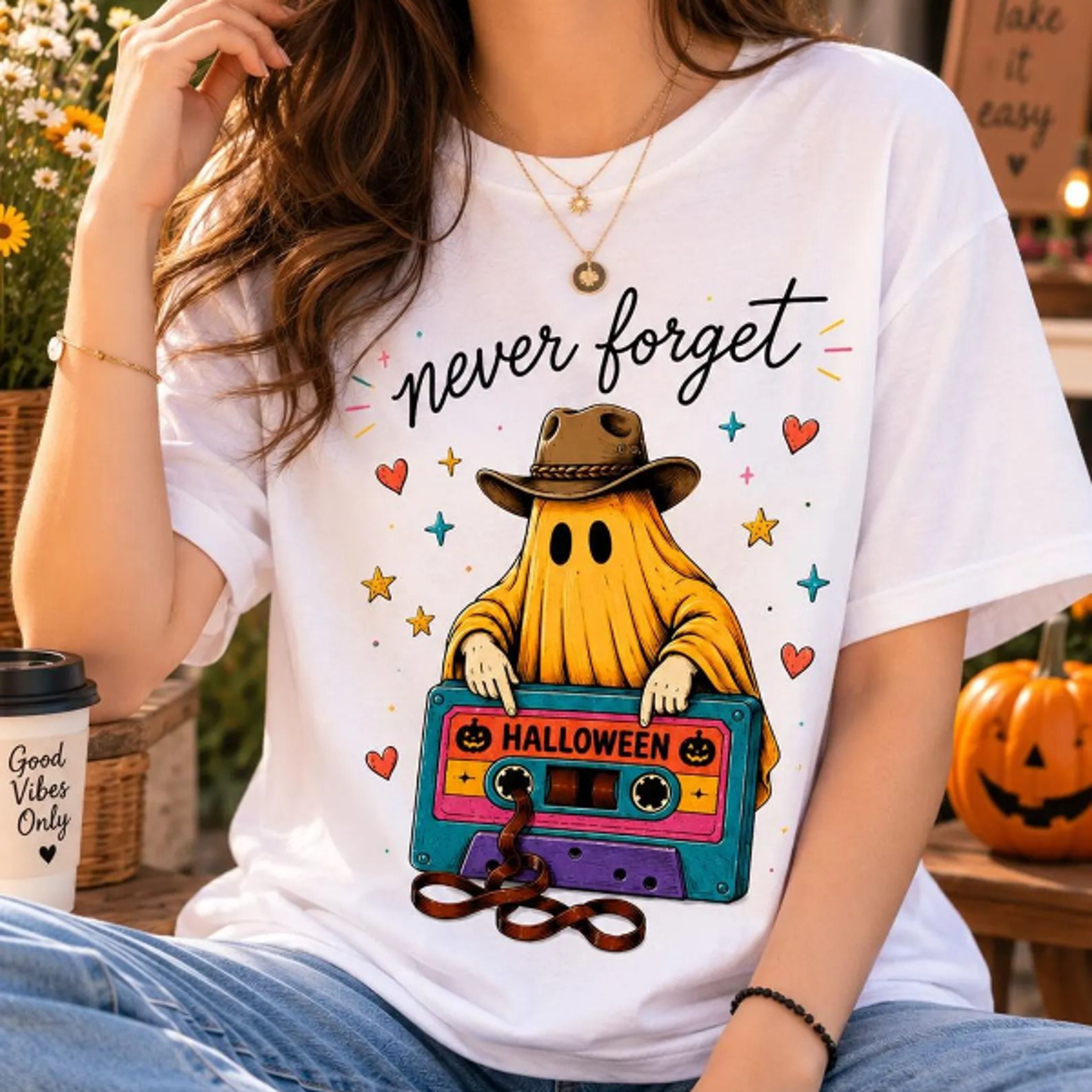 ghost cassette tape halloween t-shirt, retro spooky graphic tee, vintage autumn unisex shirt