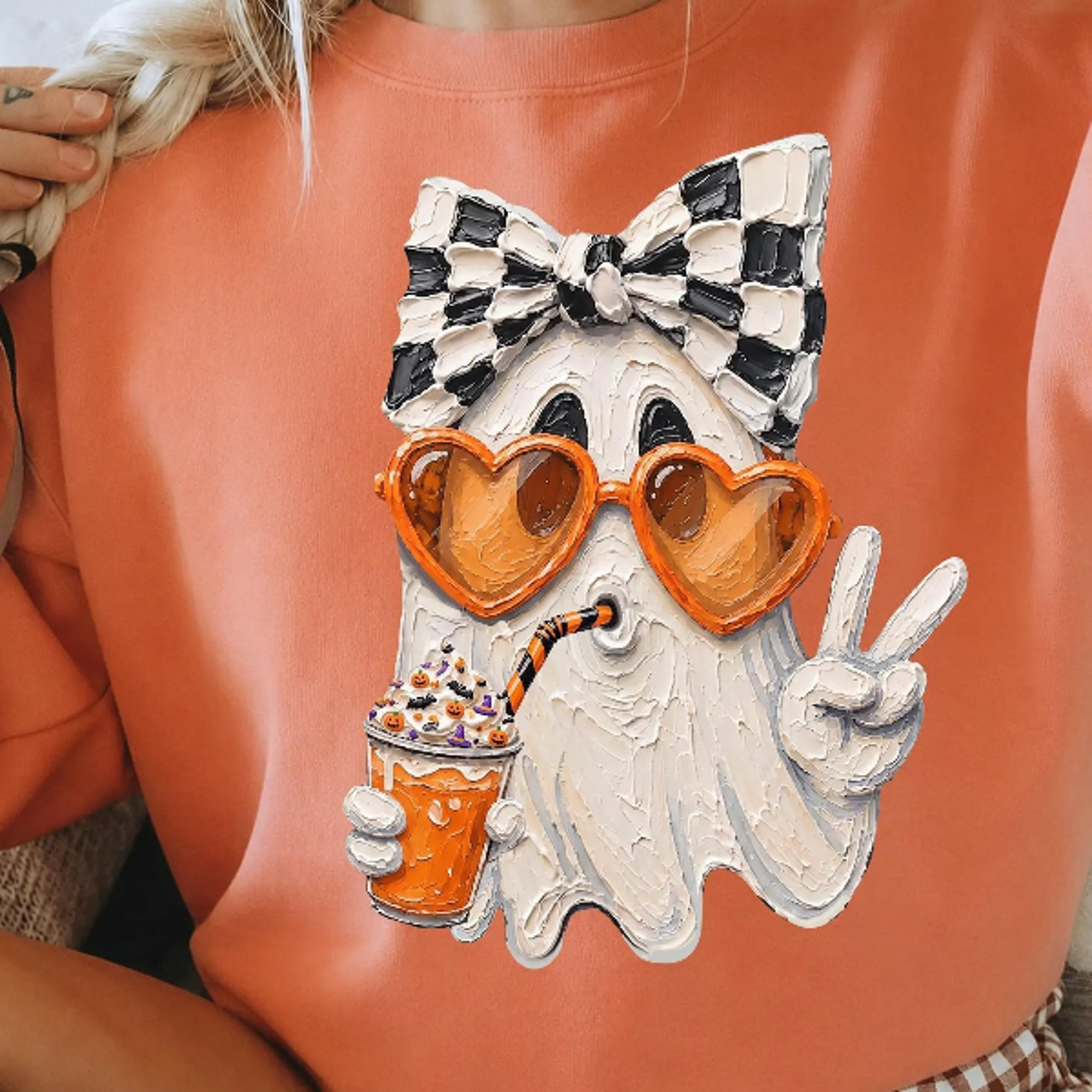Cute Ghost Halloween Drinking Pumpkin Coffee Comfort Colors Shirt Coquette Bow Ghost Shirt Spooky S 