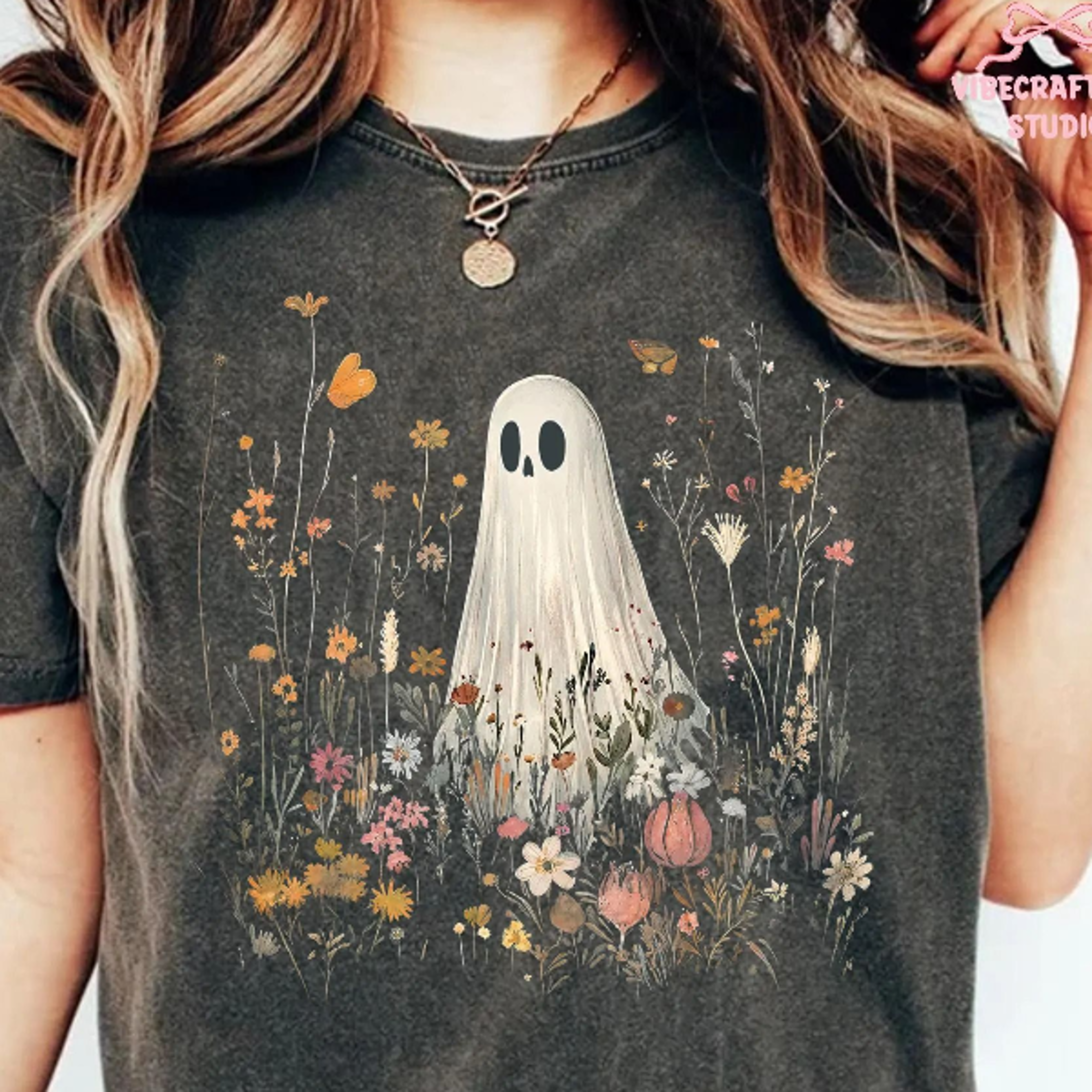 Vintage Floral Ghost Shirt Wildflower Botanical Halloween Tee Spooky Cottagecore 0