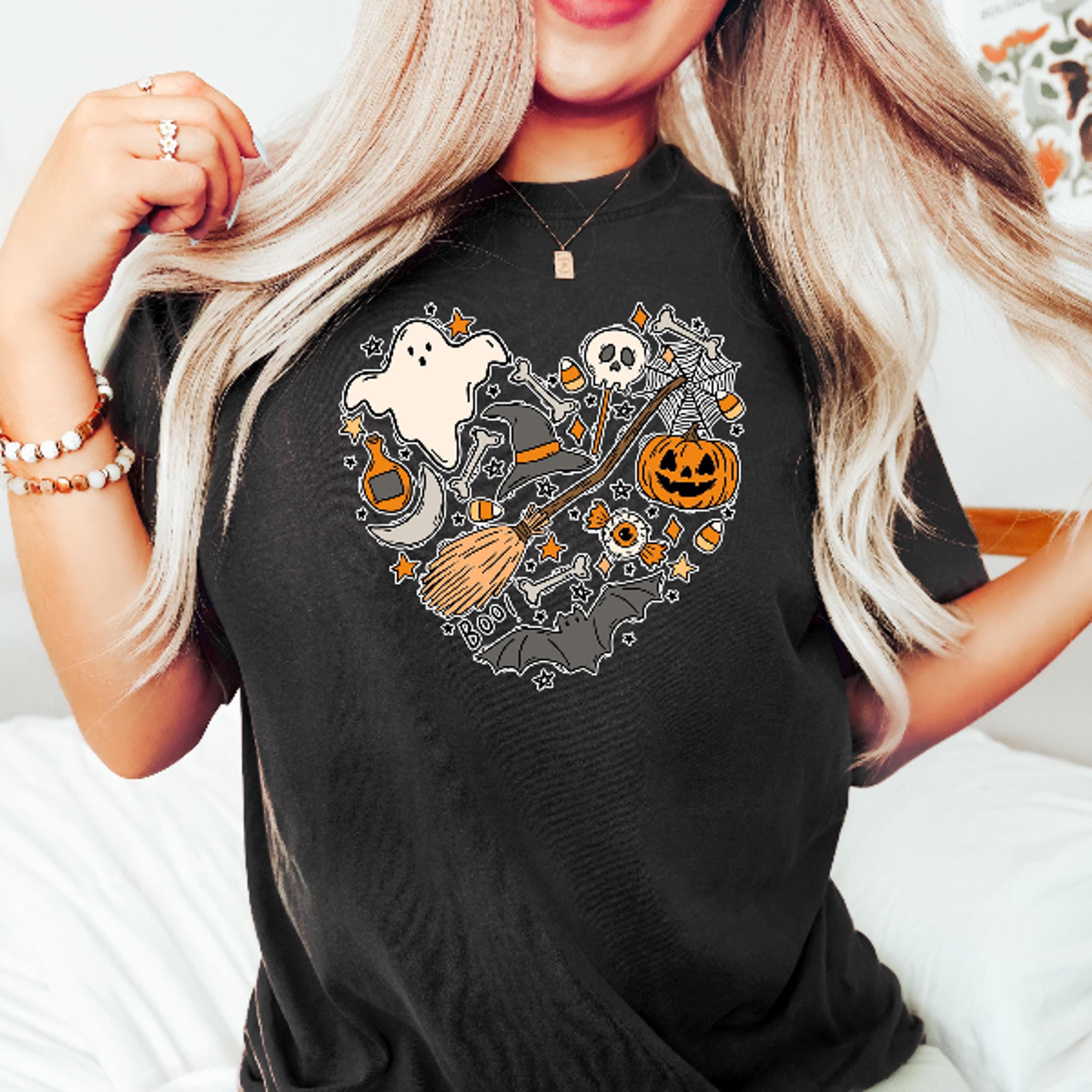 Halloween Doodles Heart Shirt Cute Pumpkin Witch Spooky Tee 1