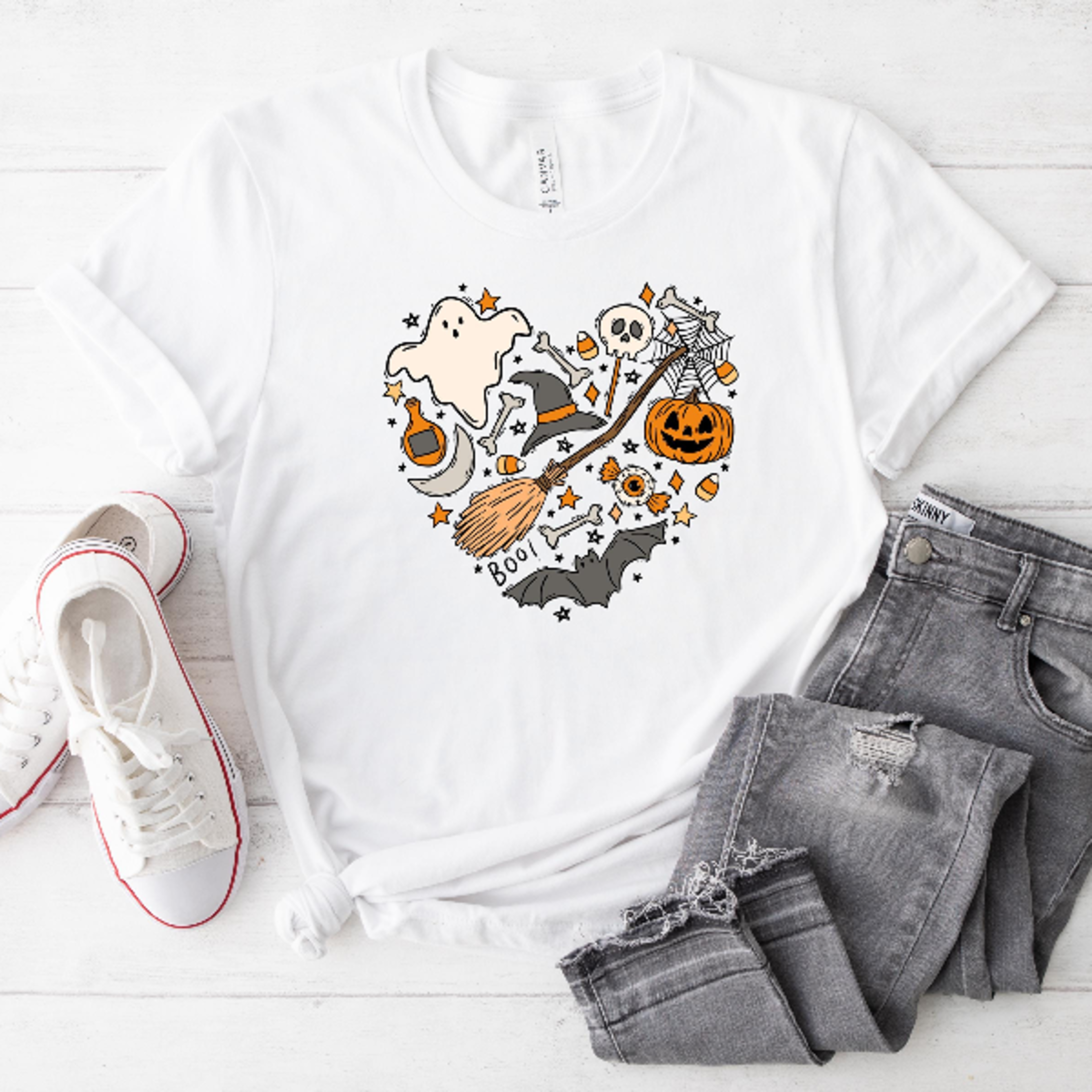 Halloween Doodles Heart Shirt Cute Pumpkin Witch Spooky Tee 2