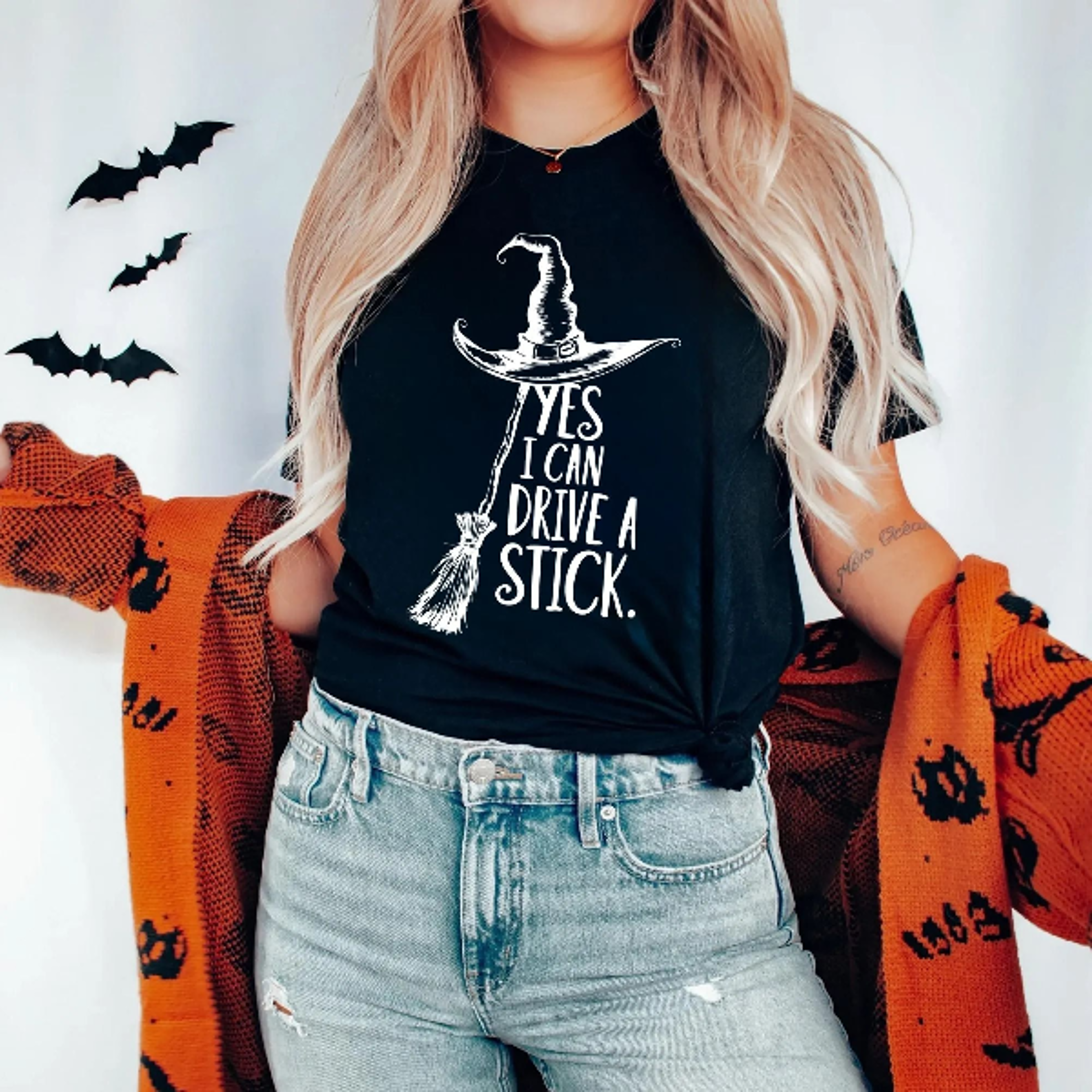 yes i can drive a stick t shirt, funny halloween witch tee for women, spooky party shirt, cute halloween gift top, witch