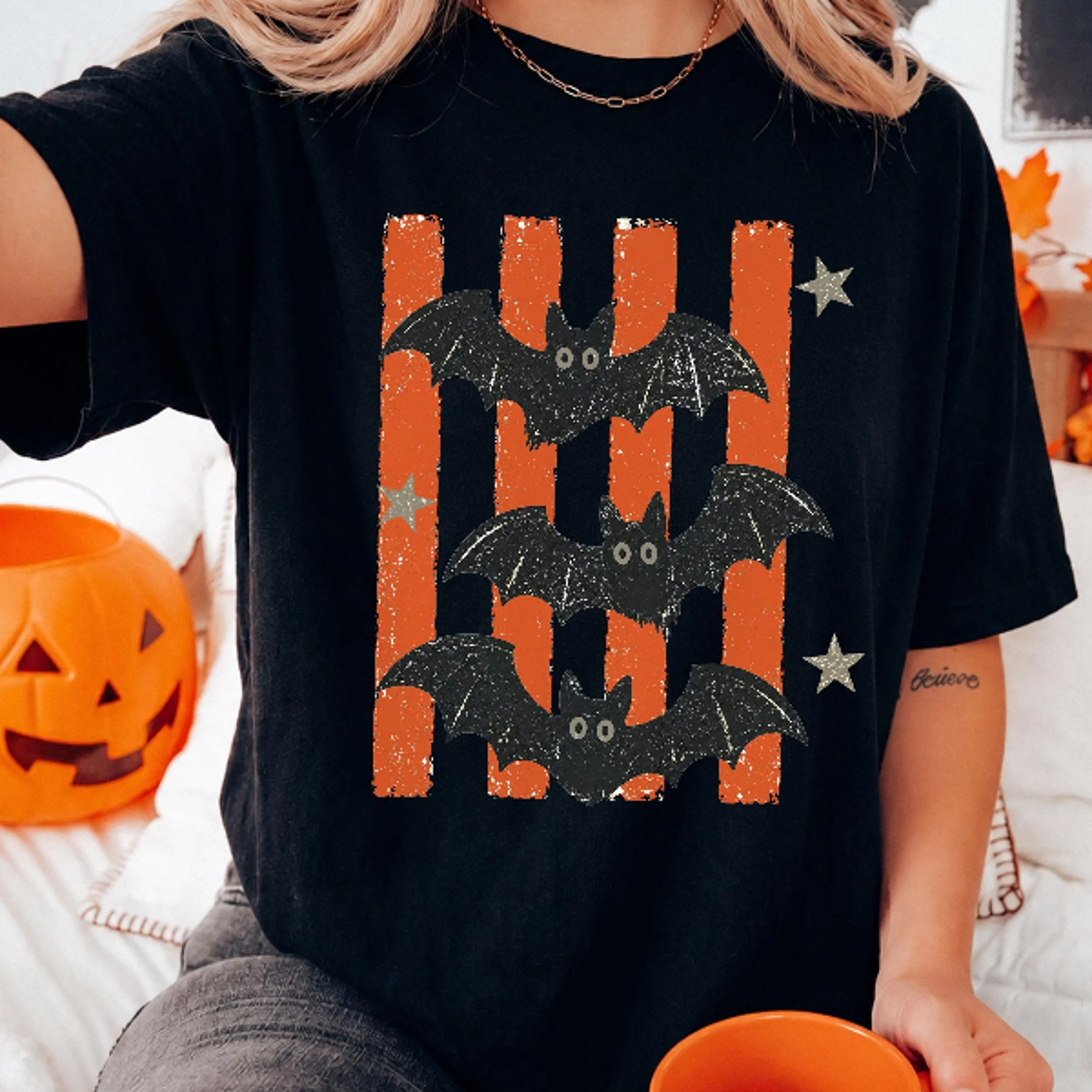Vintage Bat Halloween TShirt Retro Spooky Season Tee Boho Witchy Goth Apparel Cute Oversized Cottag
