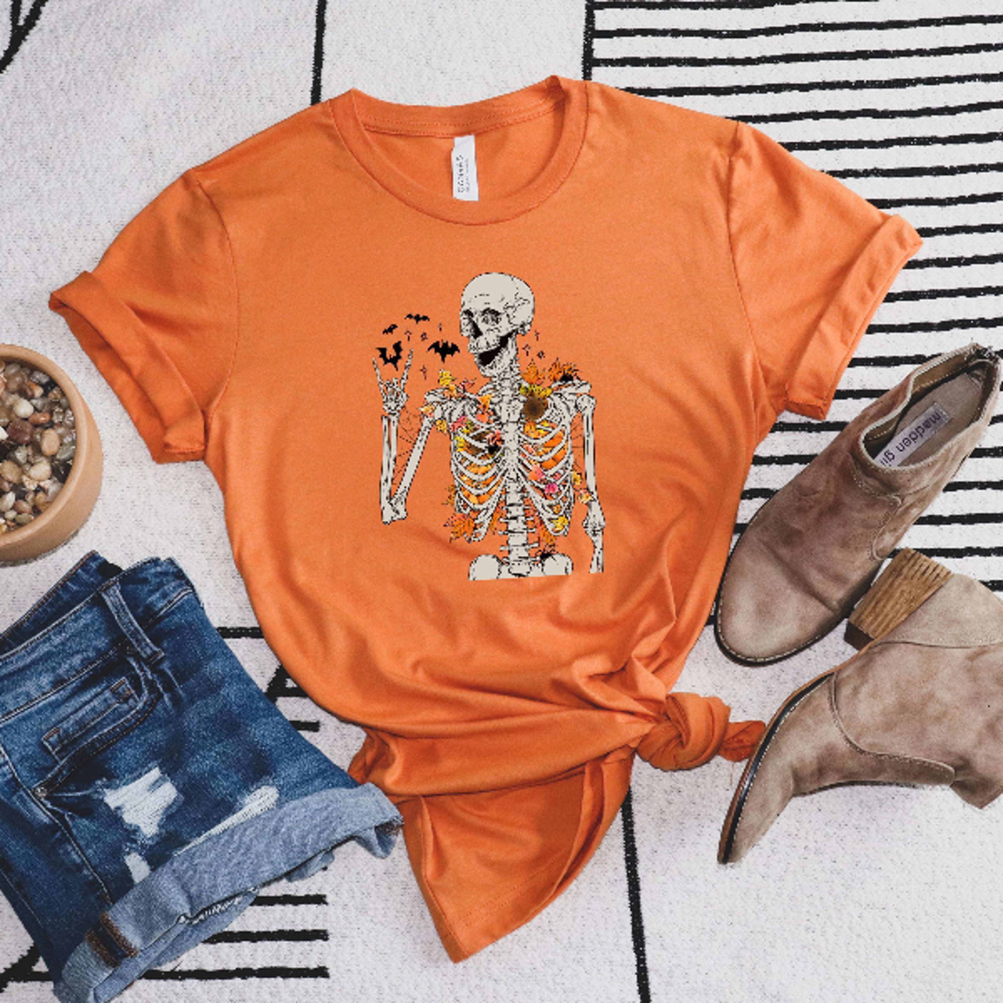 Floral Skeleton Shirt Retro Spooky Season Fall Tee 0