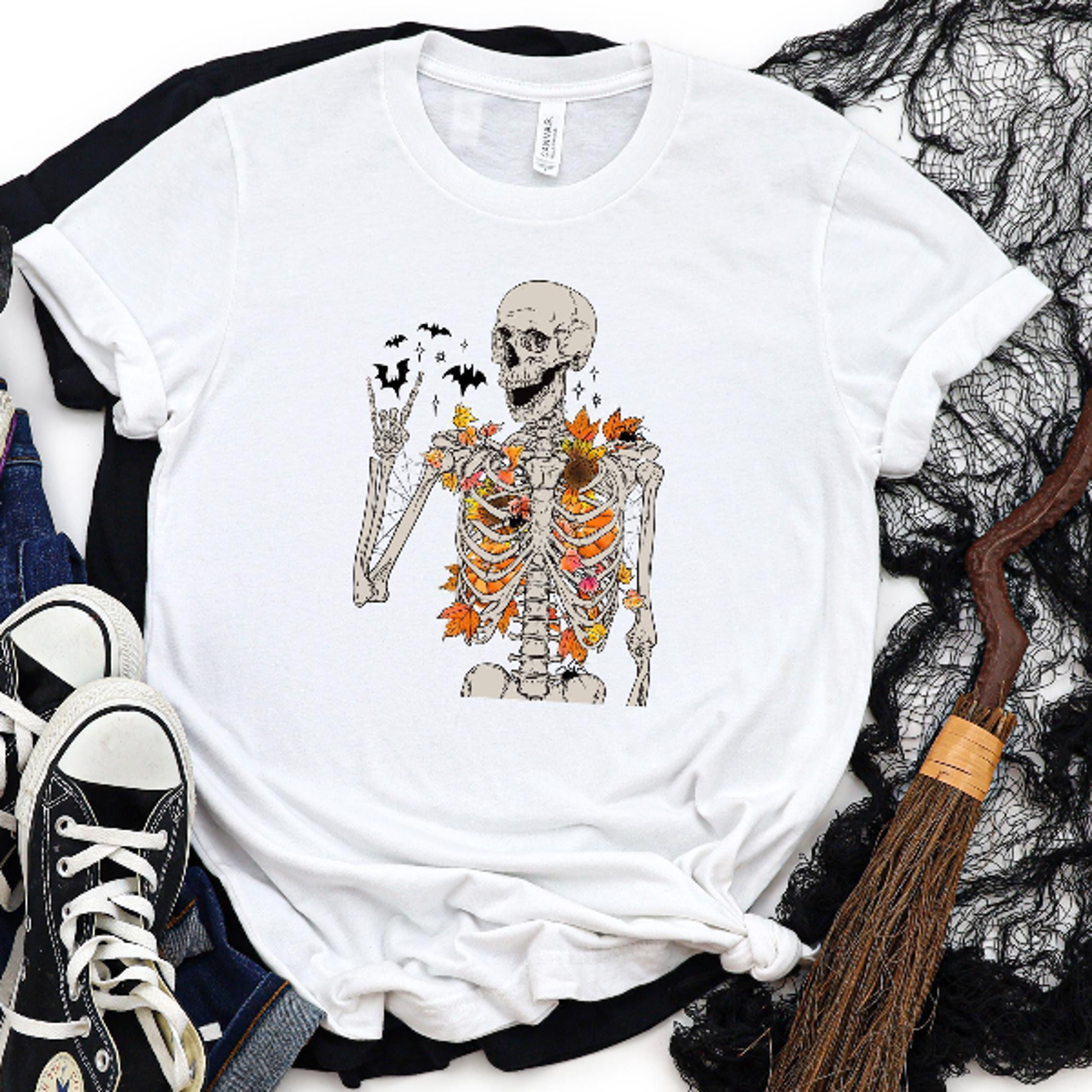 floral skeleton shirt retro spooky season fall tee