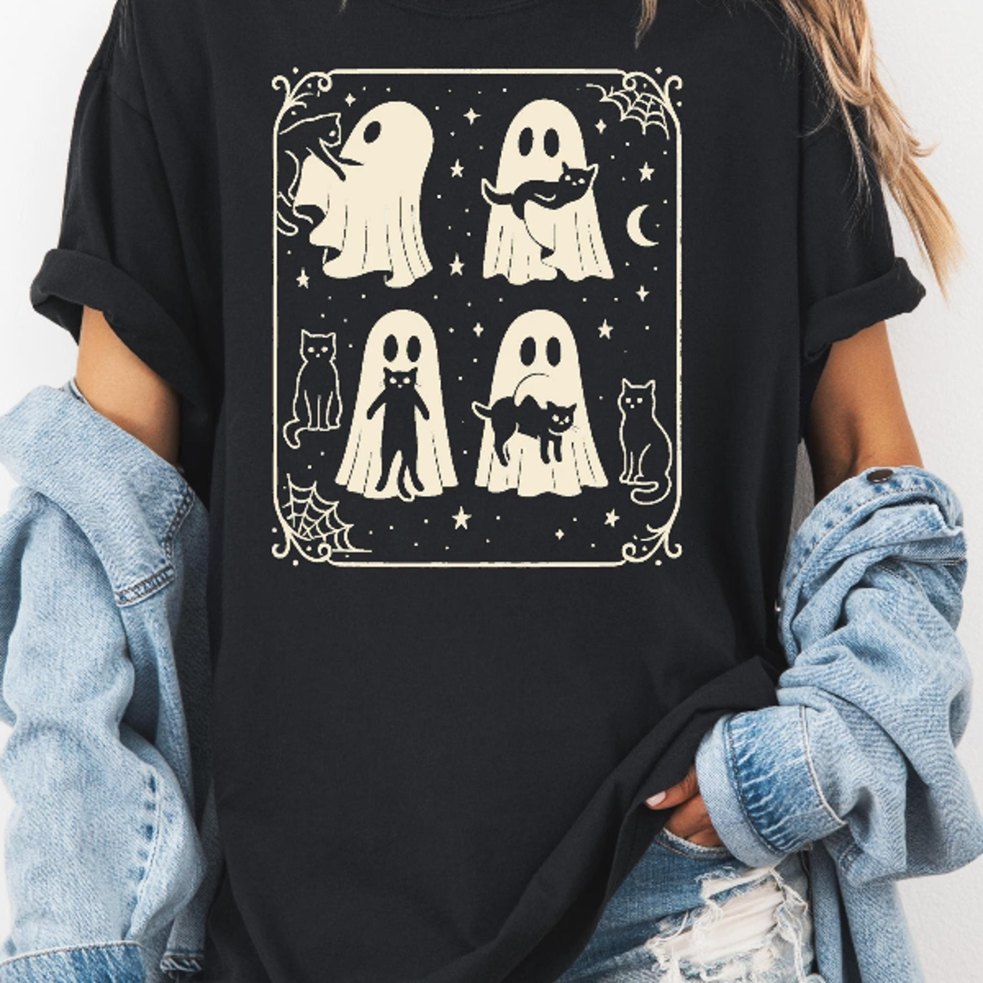 halloween ghost tshirt, spooky season cat tee, halloween cute women outfit, halloween gift