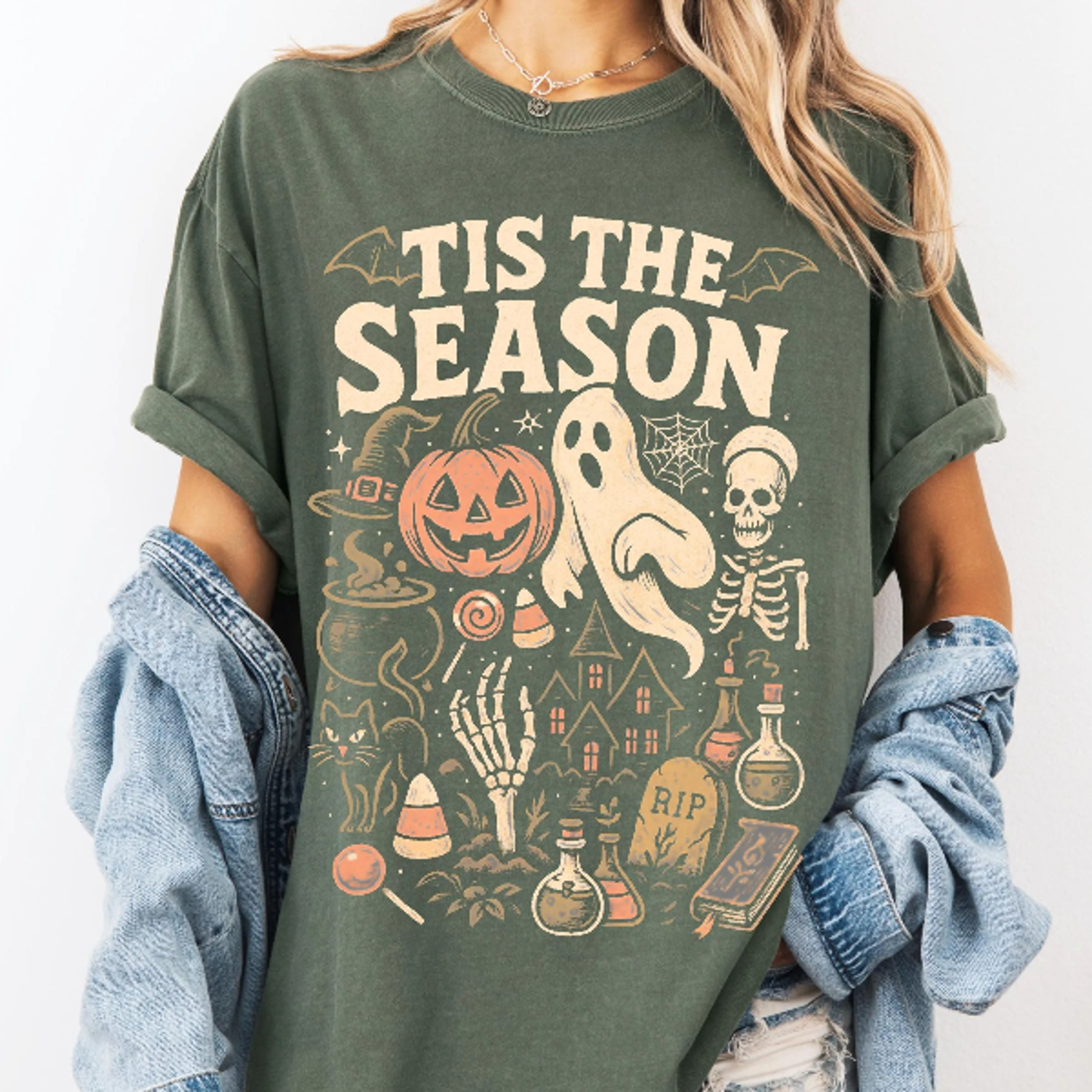 Retro Tis The Season Skeleton Pumpkin Ghost Halloween TShirt  Y2K Halloween  Womens Shirt 2