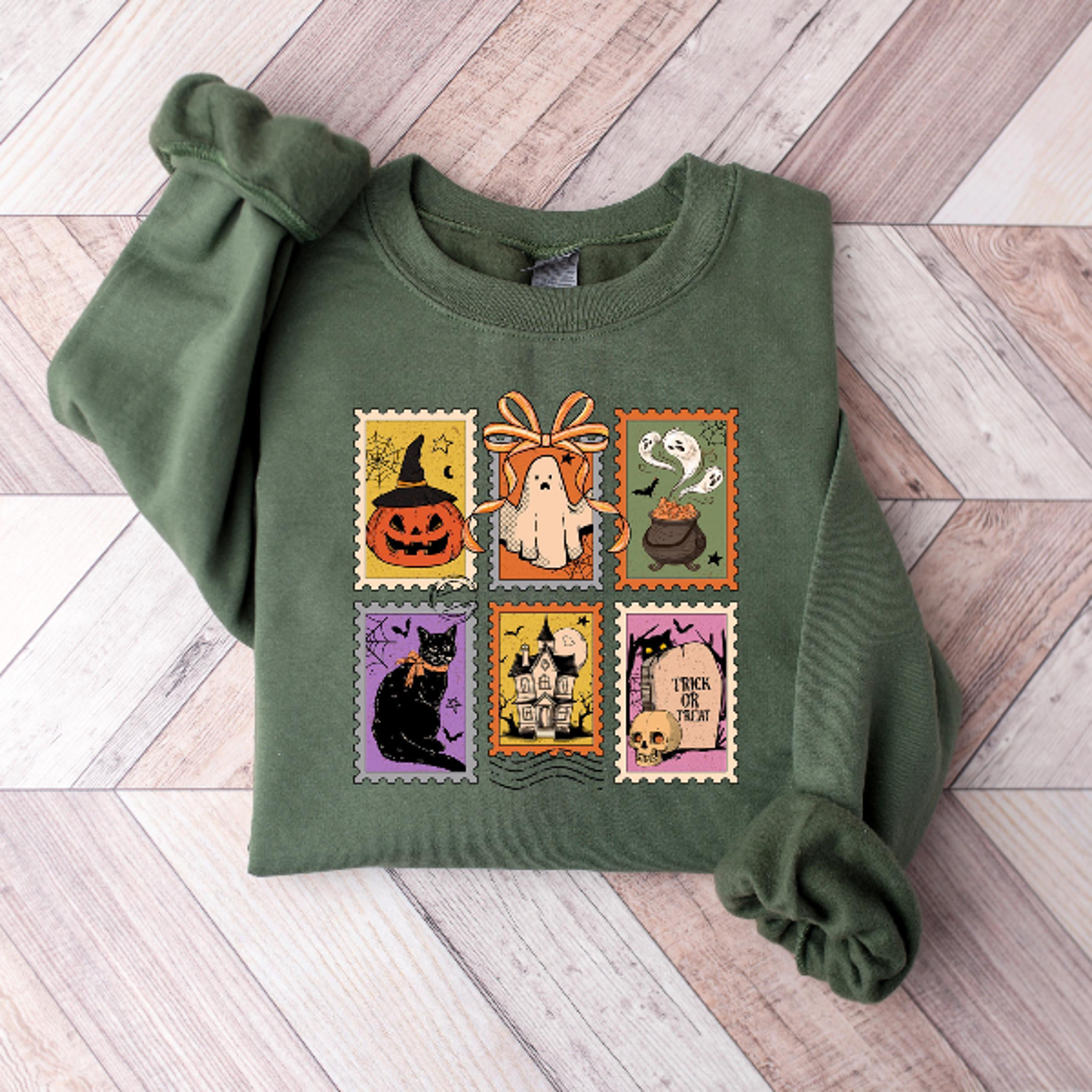 Retro Halloween Postage Shirt Vintage Ghost Pumpkin Cat Tee 0