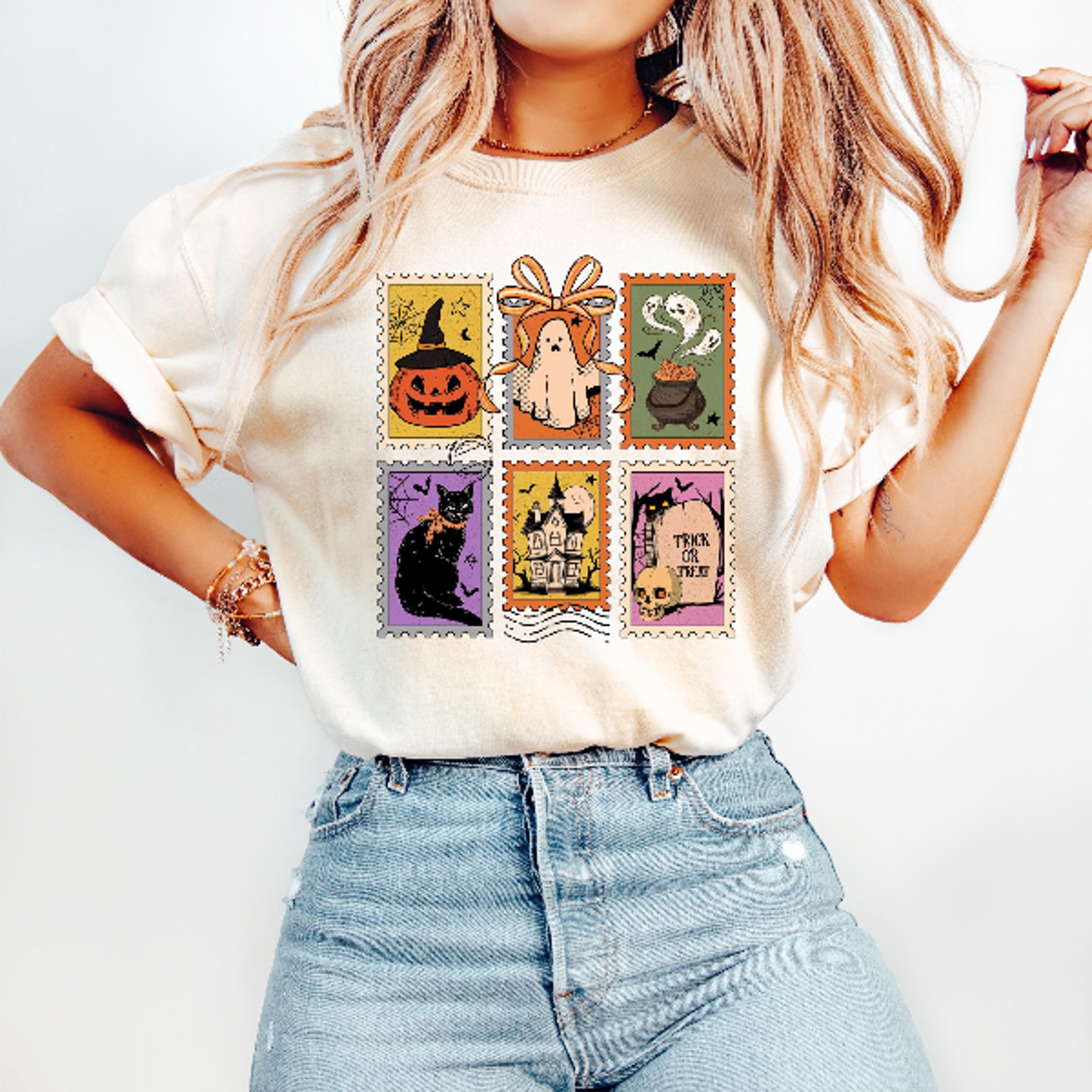 retro halloween postage shirt vintage ghost pumpkin cat tee