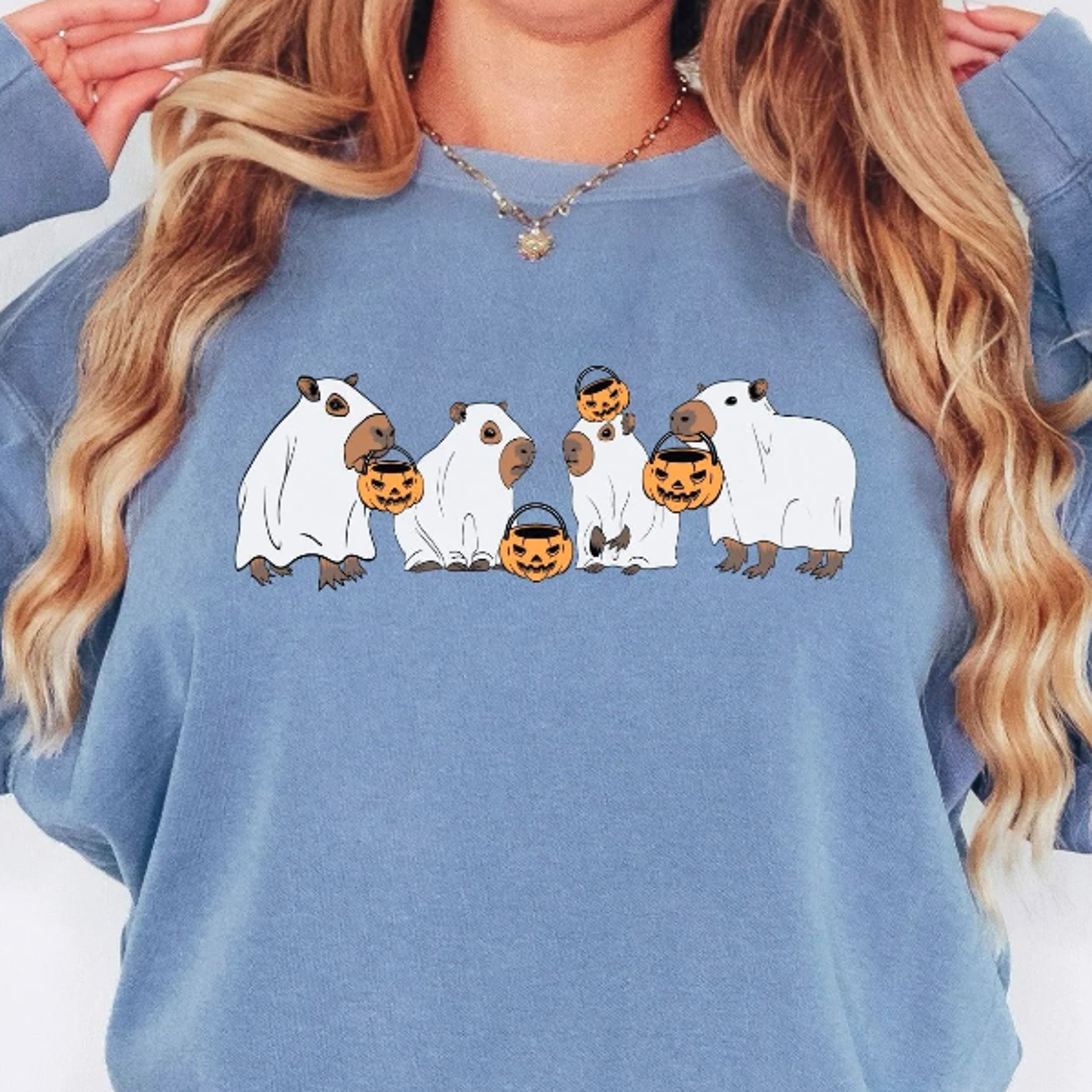 ghost animal tee, scary capybaras with pumpkins, halloween horror season gift for her & him