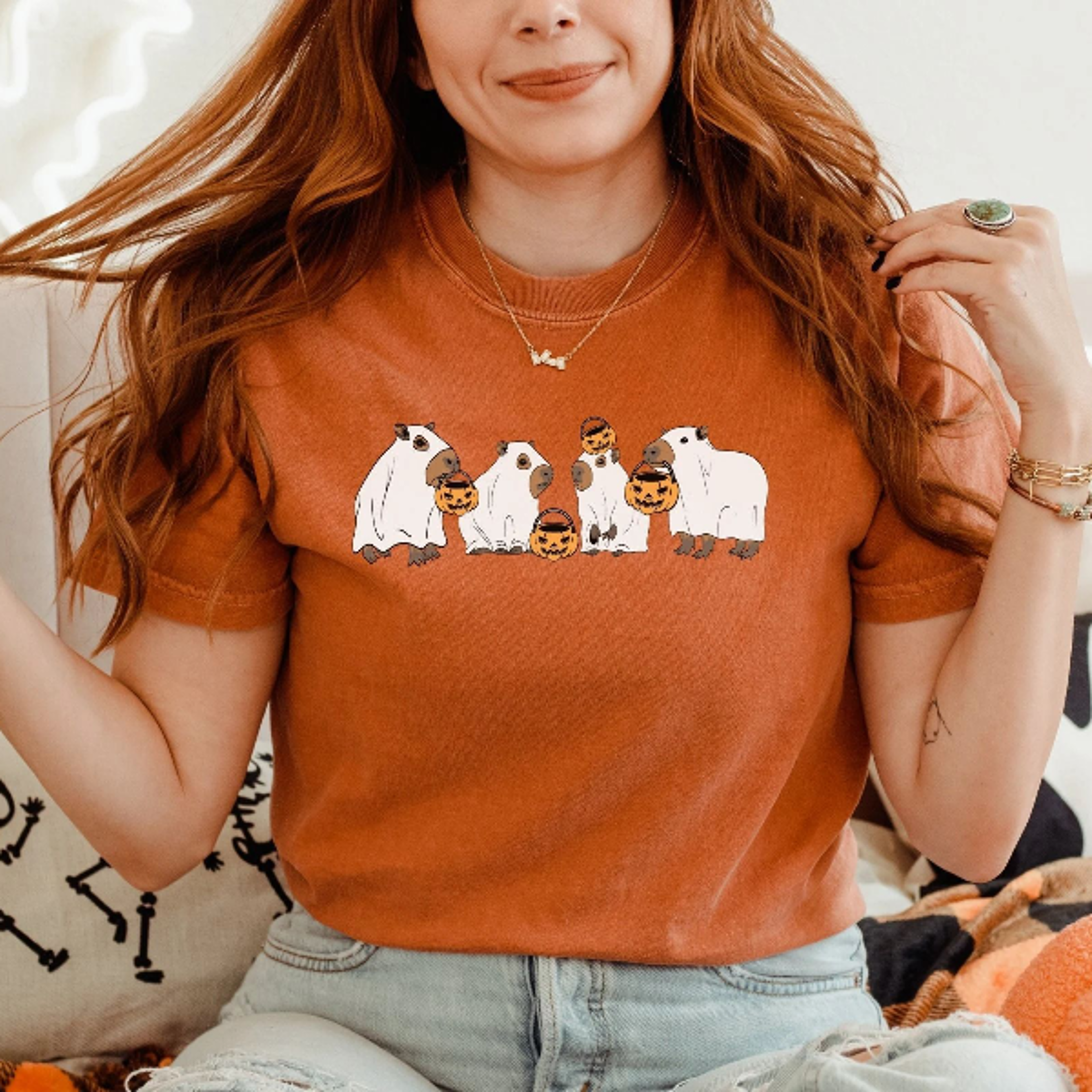 Ghost Animal Tee Scary Capybaras With Pumpkins Halloween Horror Season Gift For Her  Him 1