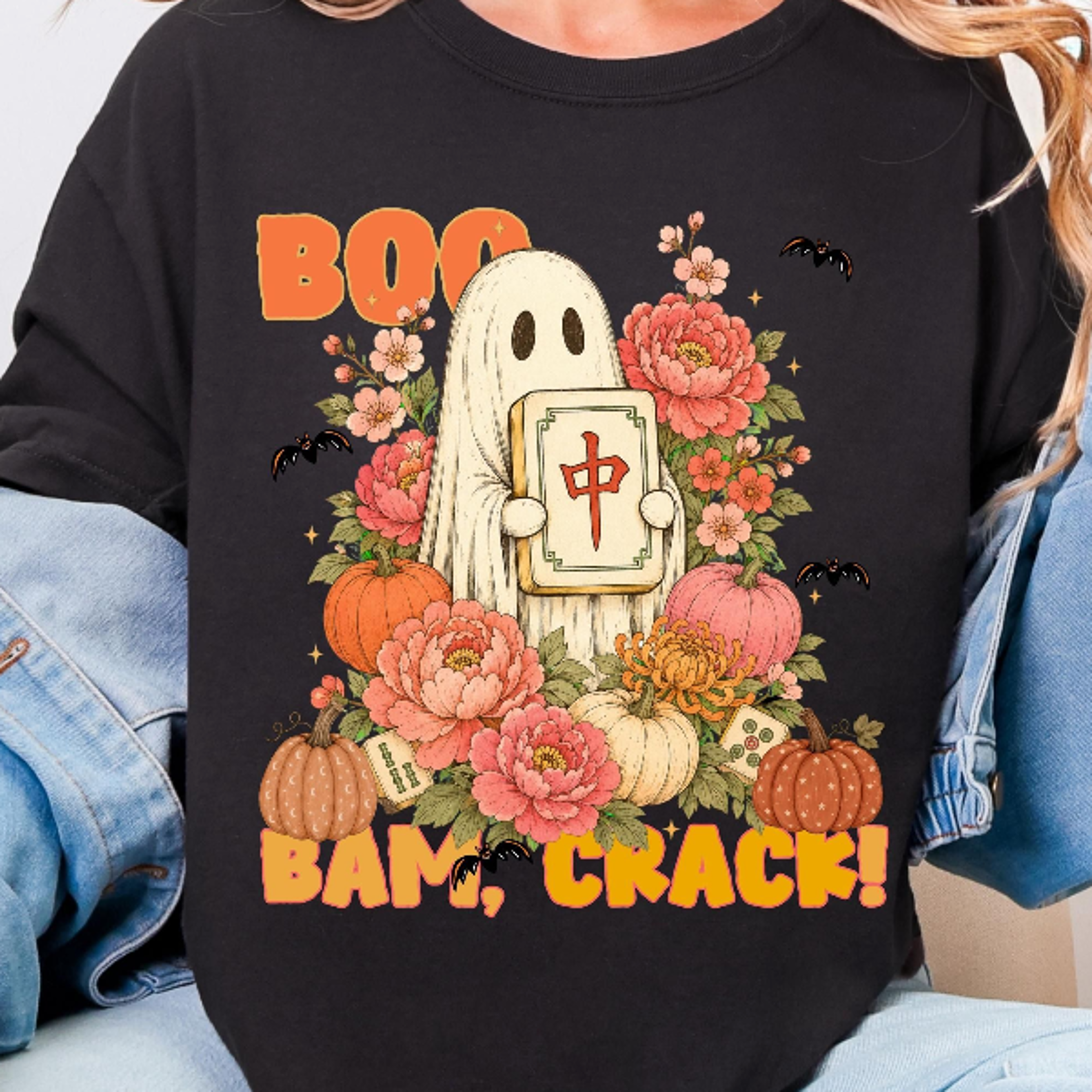 halloween mahjong shirt, boo bam crack ghost tee, spooky mahjong player t-shirt, floral fall game night top