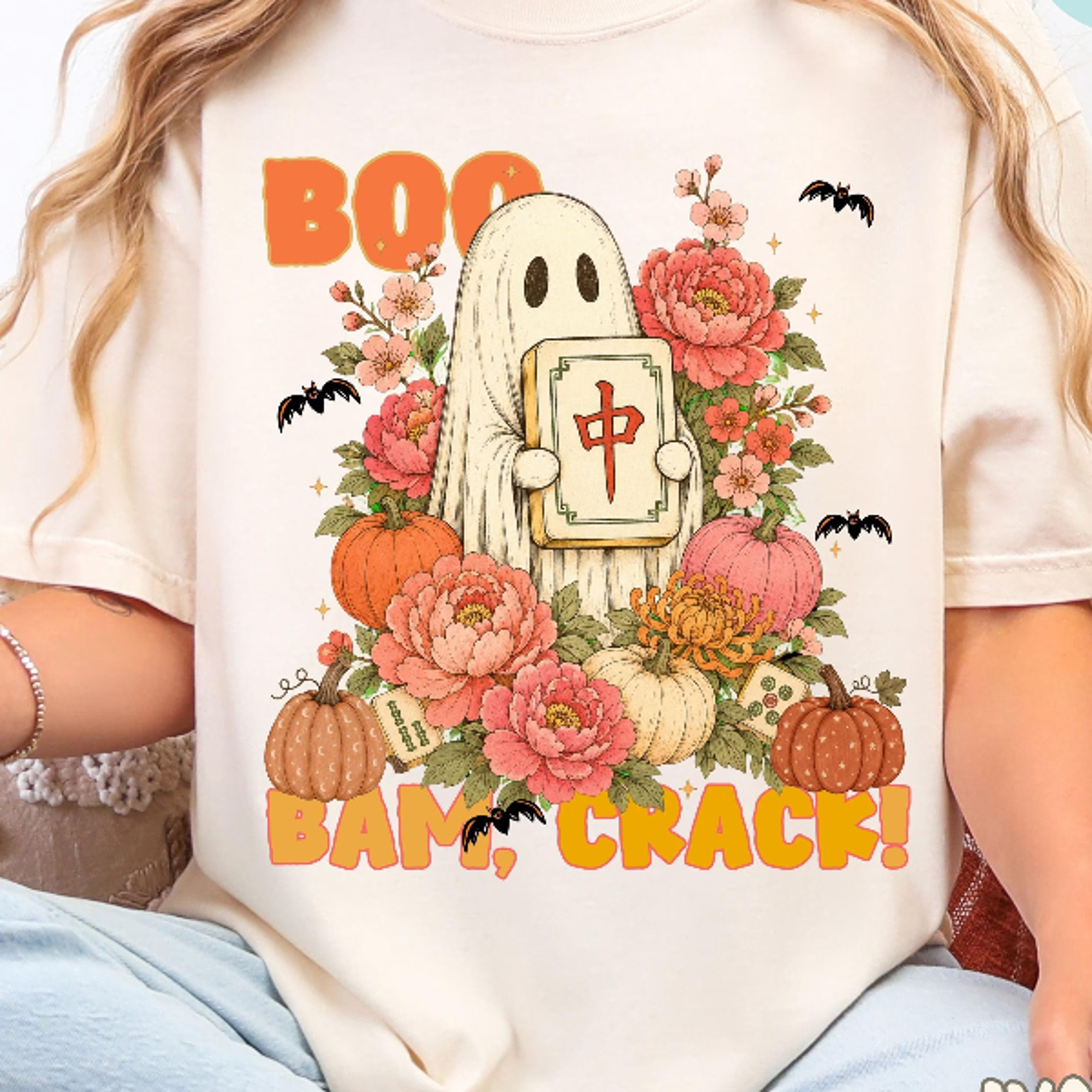 Halloween Mahjong Shirt Boo Bam Crack Ghost Tee Spooky Mahjong Player TShirt Floral Fall Game Night 