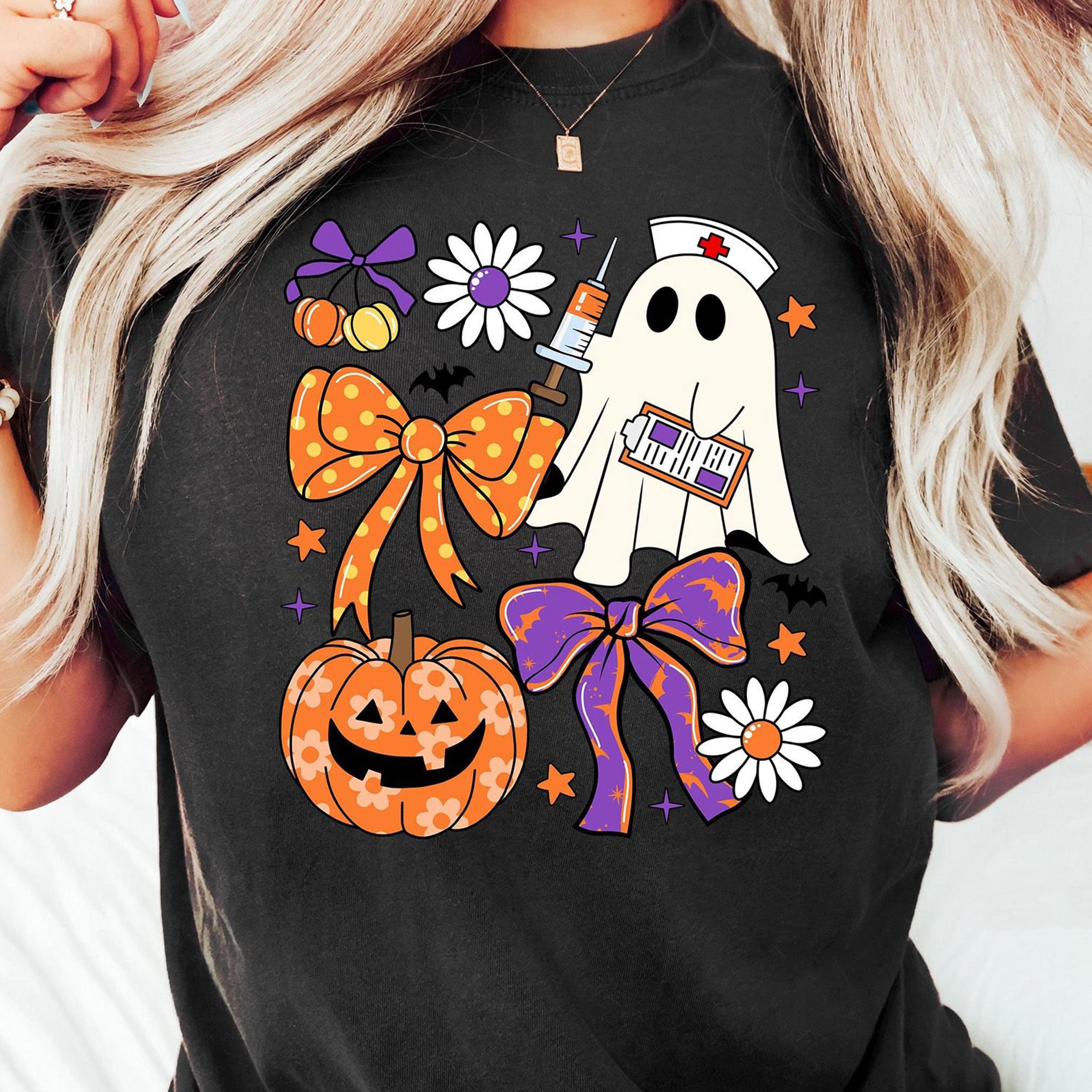 Coquette Bow Ghost Nurse Shirt Floral Pumpkin Halloween Nurse Tee 0