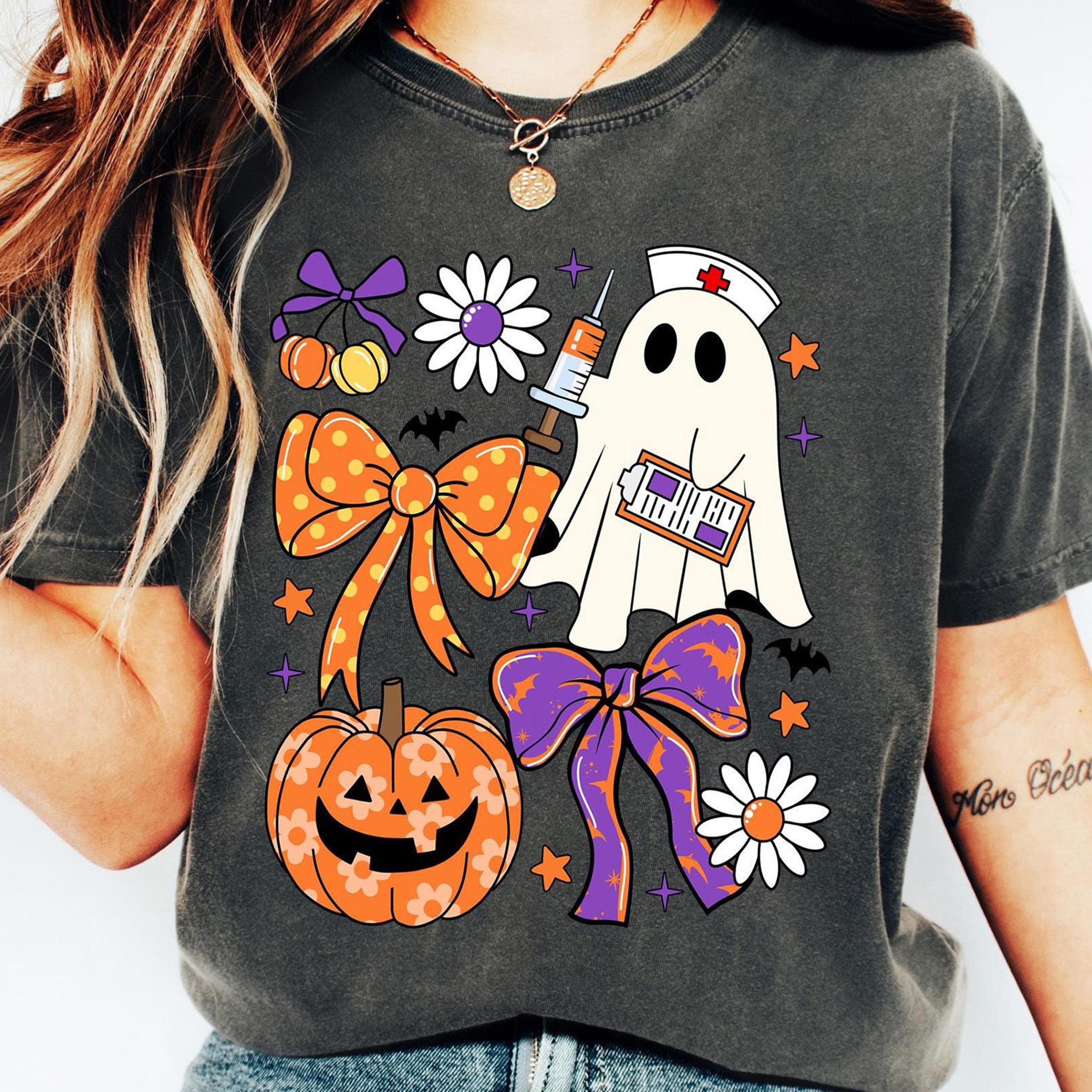Coquette Bow Ghost Nurse Shirt Floral Pumpkin Halloween Nurse Tee 1
