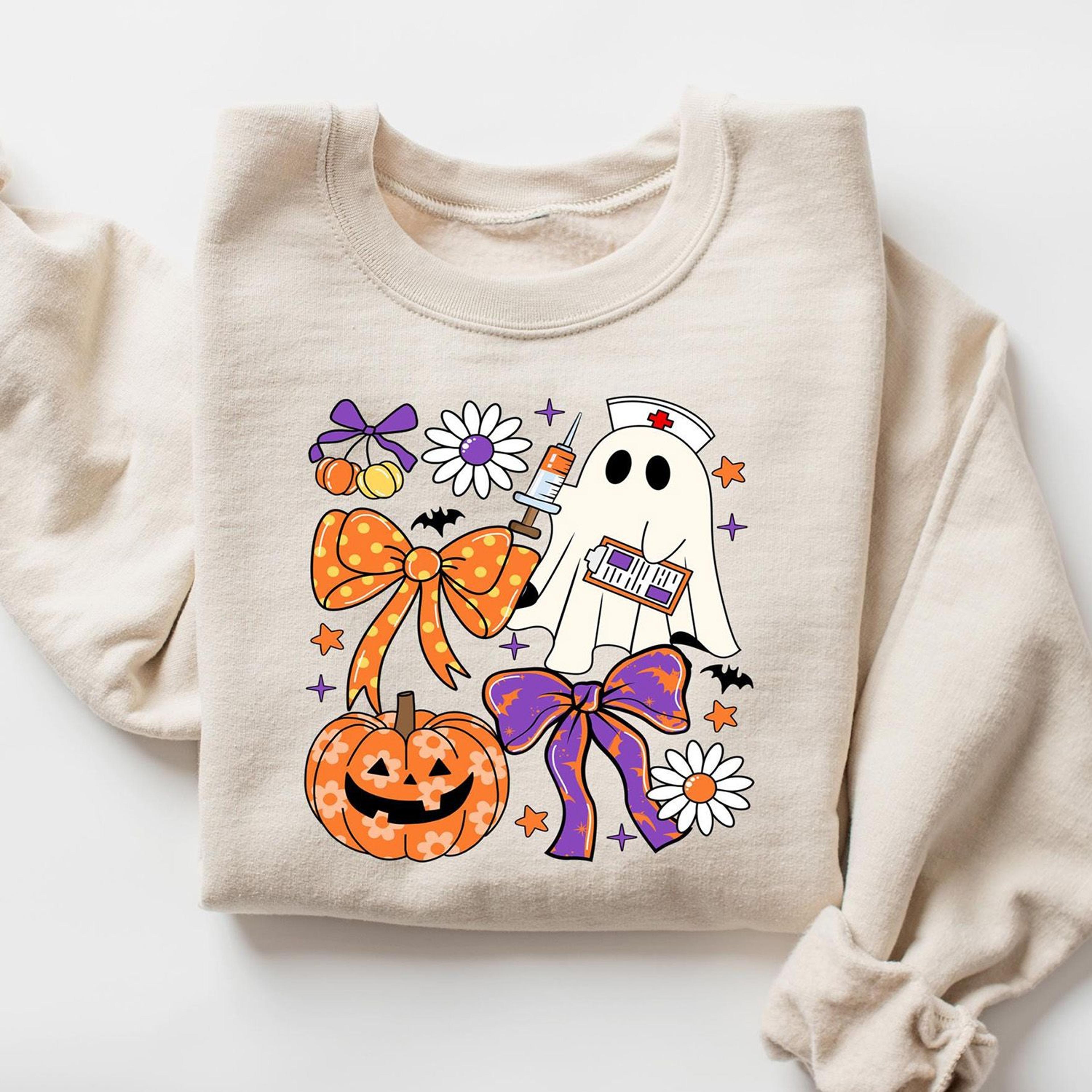 Coquette Bow Ghost Nurse Shirt Floral Pumpkin Halloween Nurse Tee 3