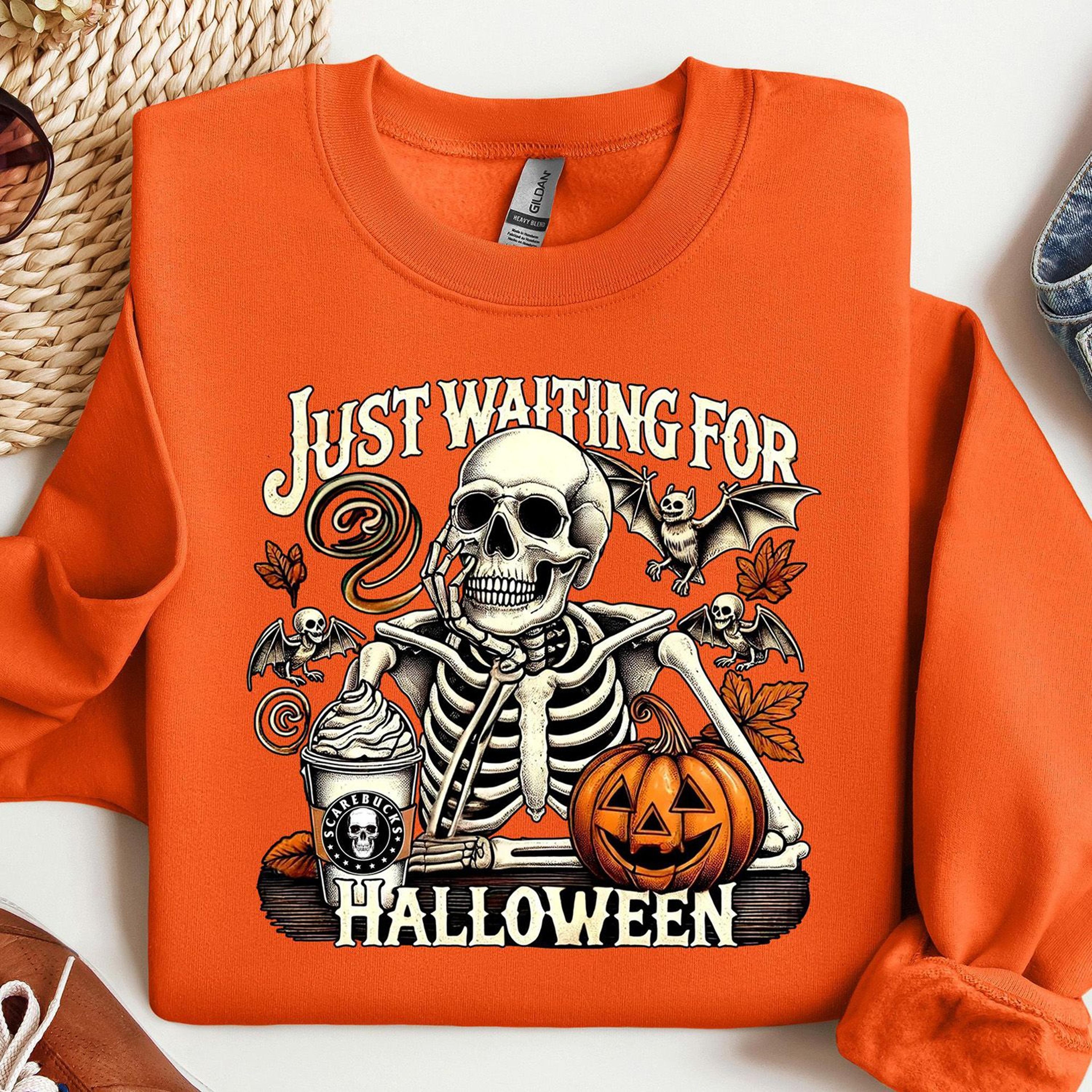 Just Waiting For Halloween Shirt Funny Skeleton Pumpkin Retro Fall Tee 2