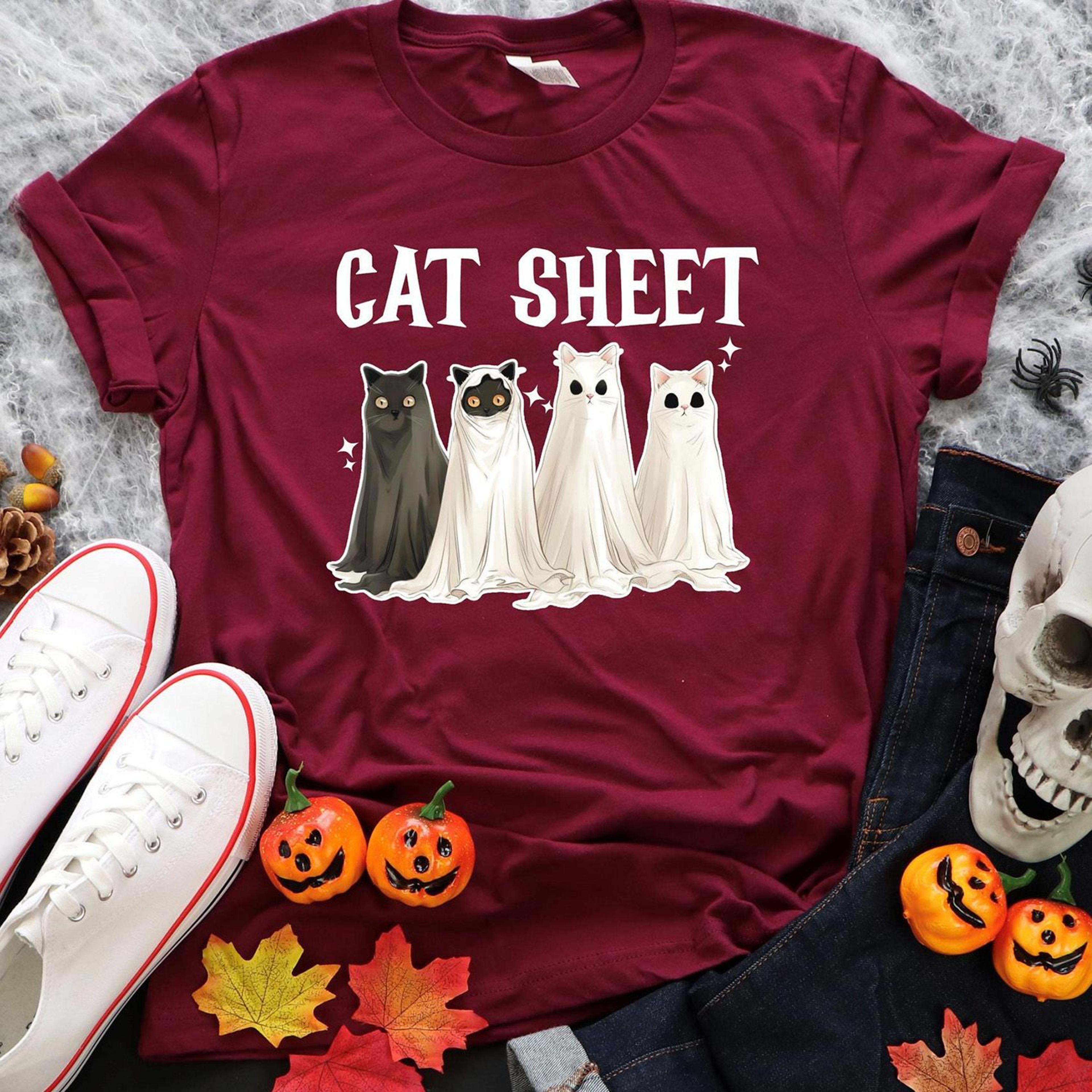 Cat Sheet Ghost Shirt Funny Halloween Cat Spooky Season Tee 2