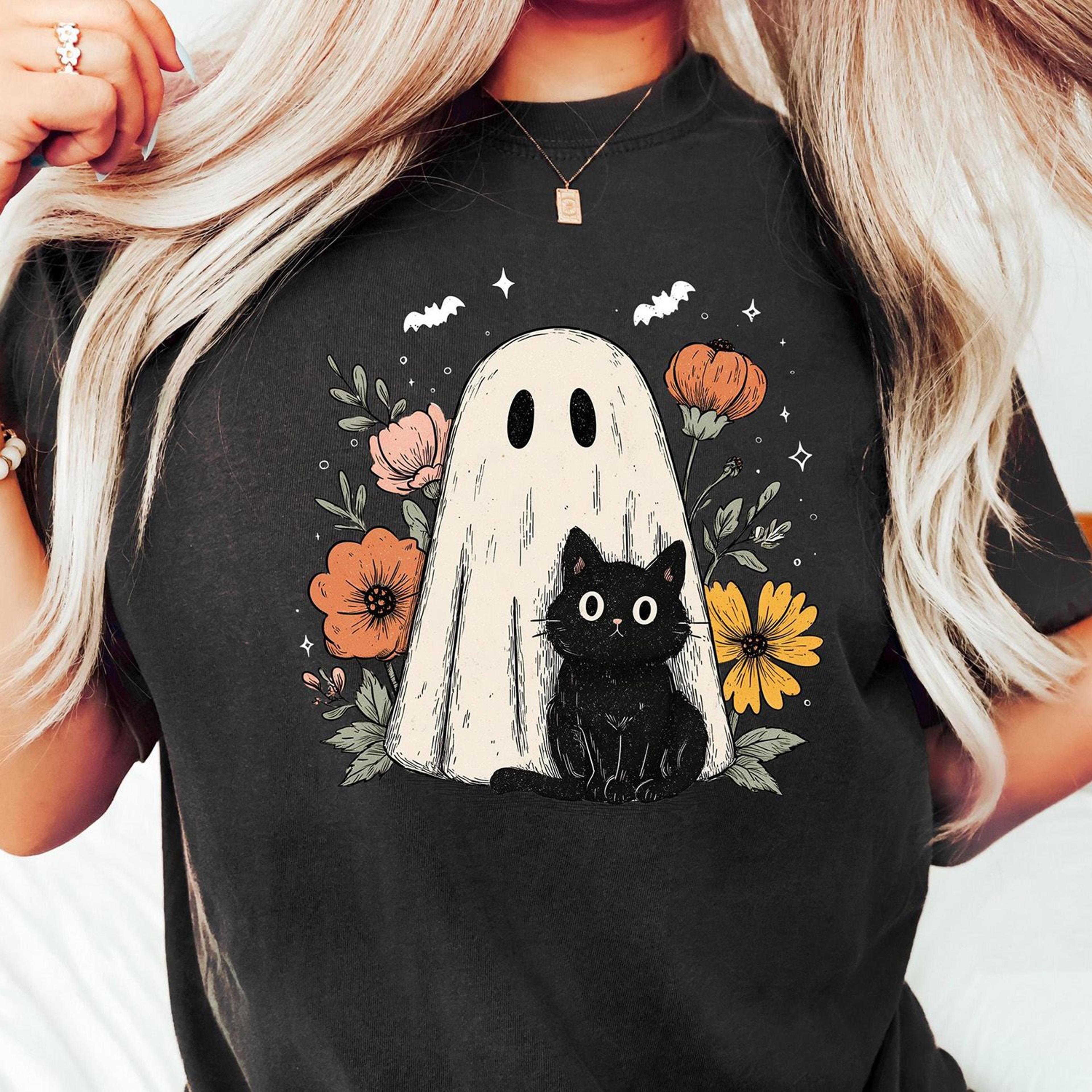 Floral Ghost Cat Halloween Shirt Cute Black Cat Spooky Fall Tee 1