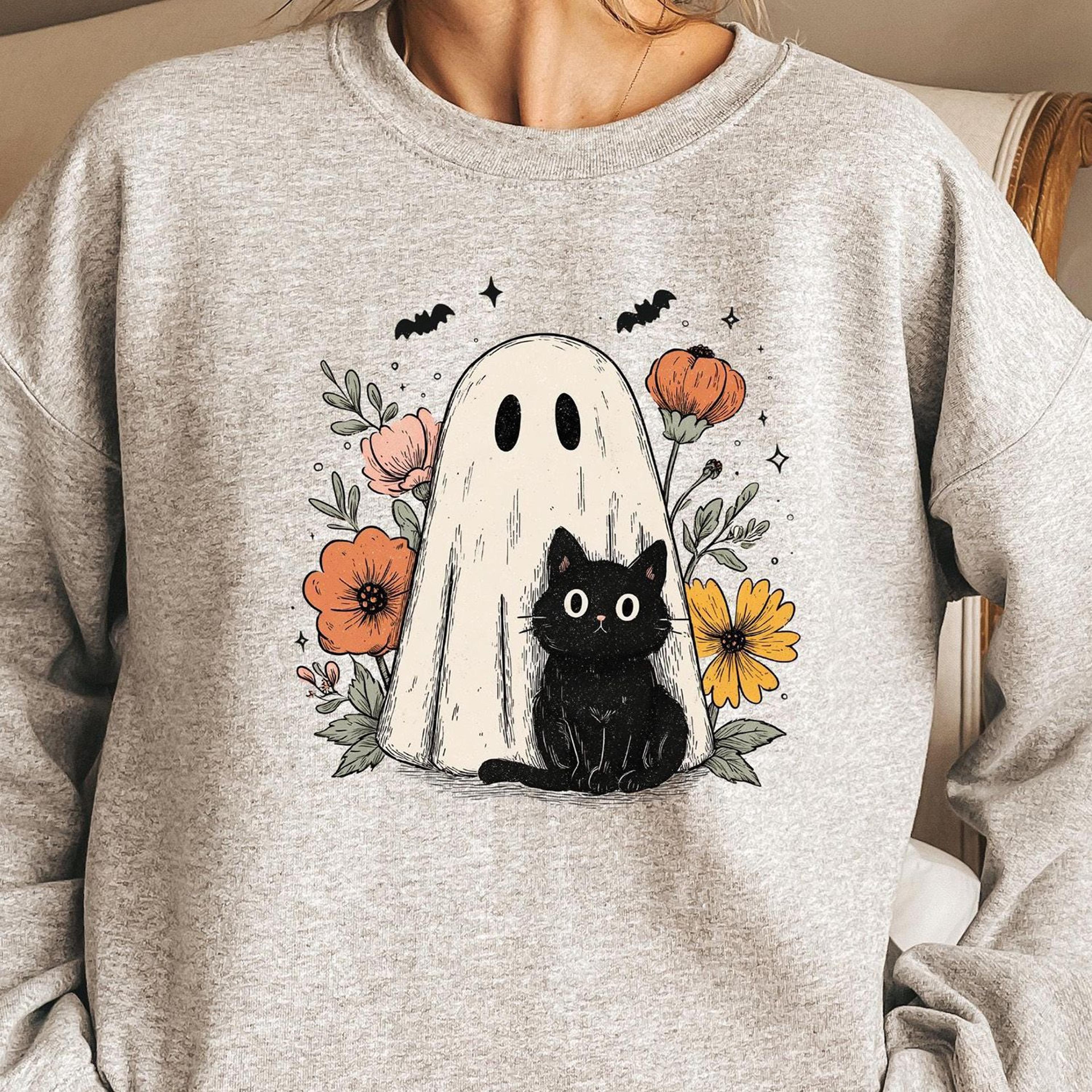 Floral Ghost Cat Halloween Shirt Cute Black Cat Spooky Fall Tee 2