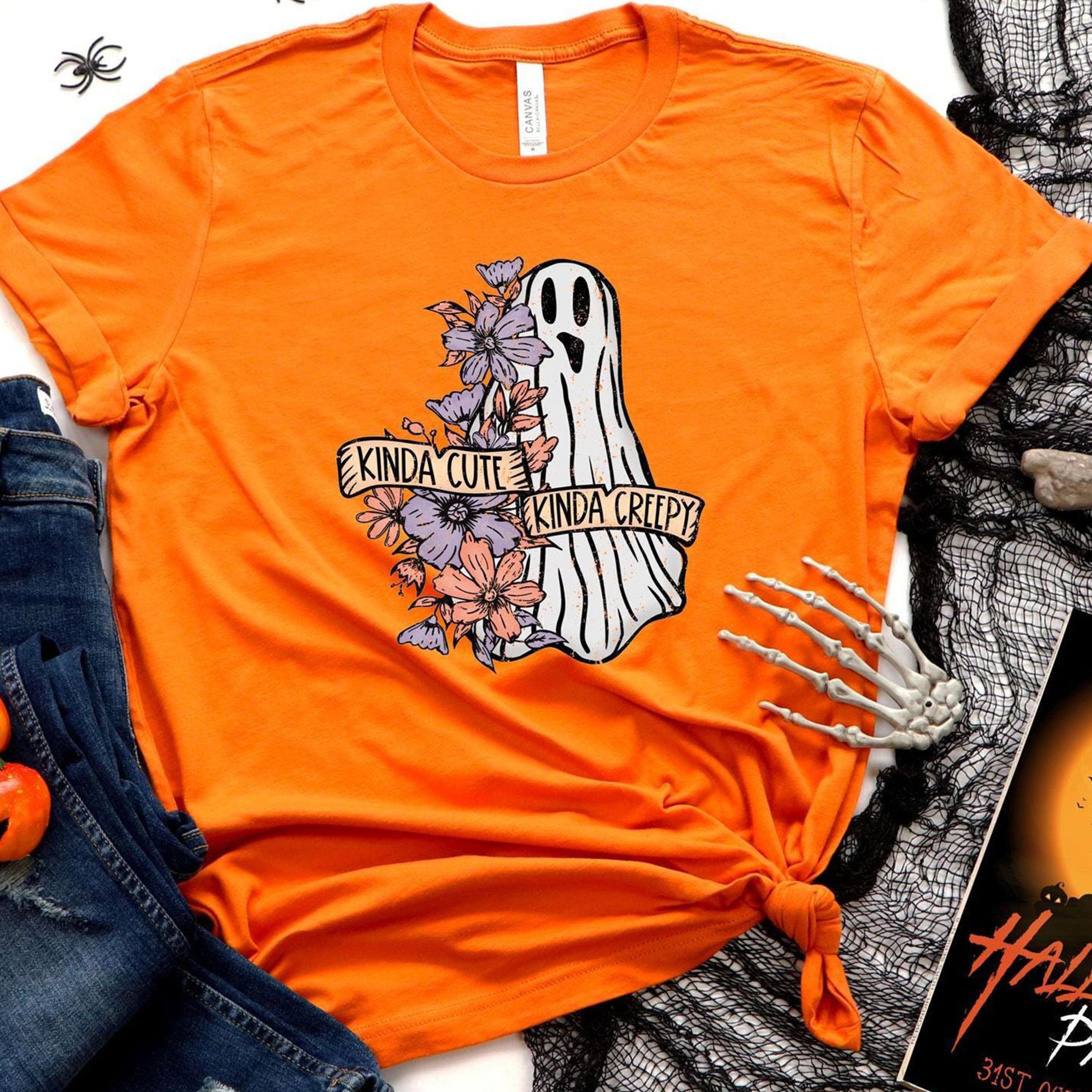 Kinda Cute Kinda Creepy Floral Ghost Shirt Halloween Bleached Tee 3