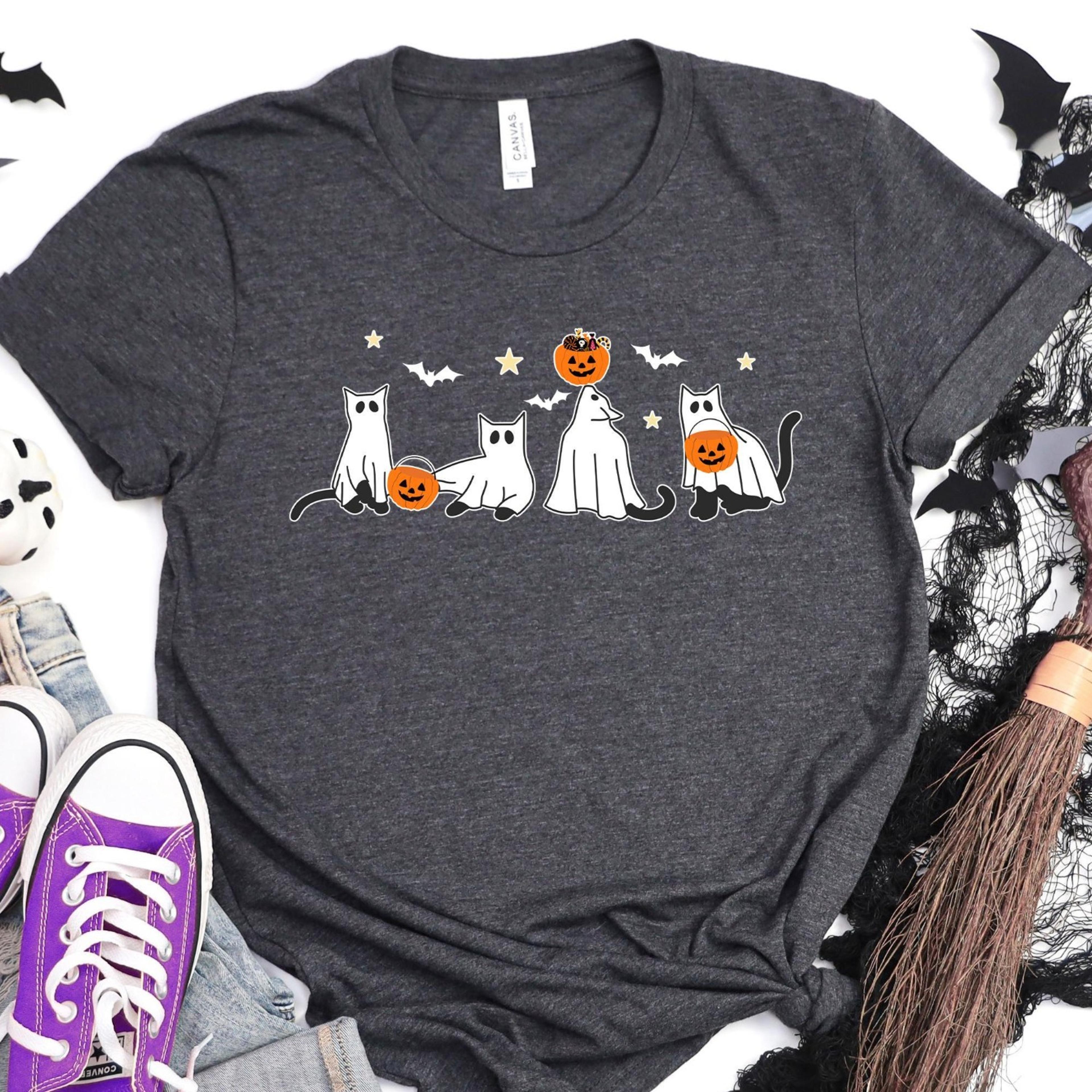Cute Ghost Black Cat Halloween Shirt Spooky Season Cat Lover Tee 0jpg