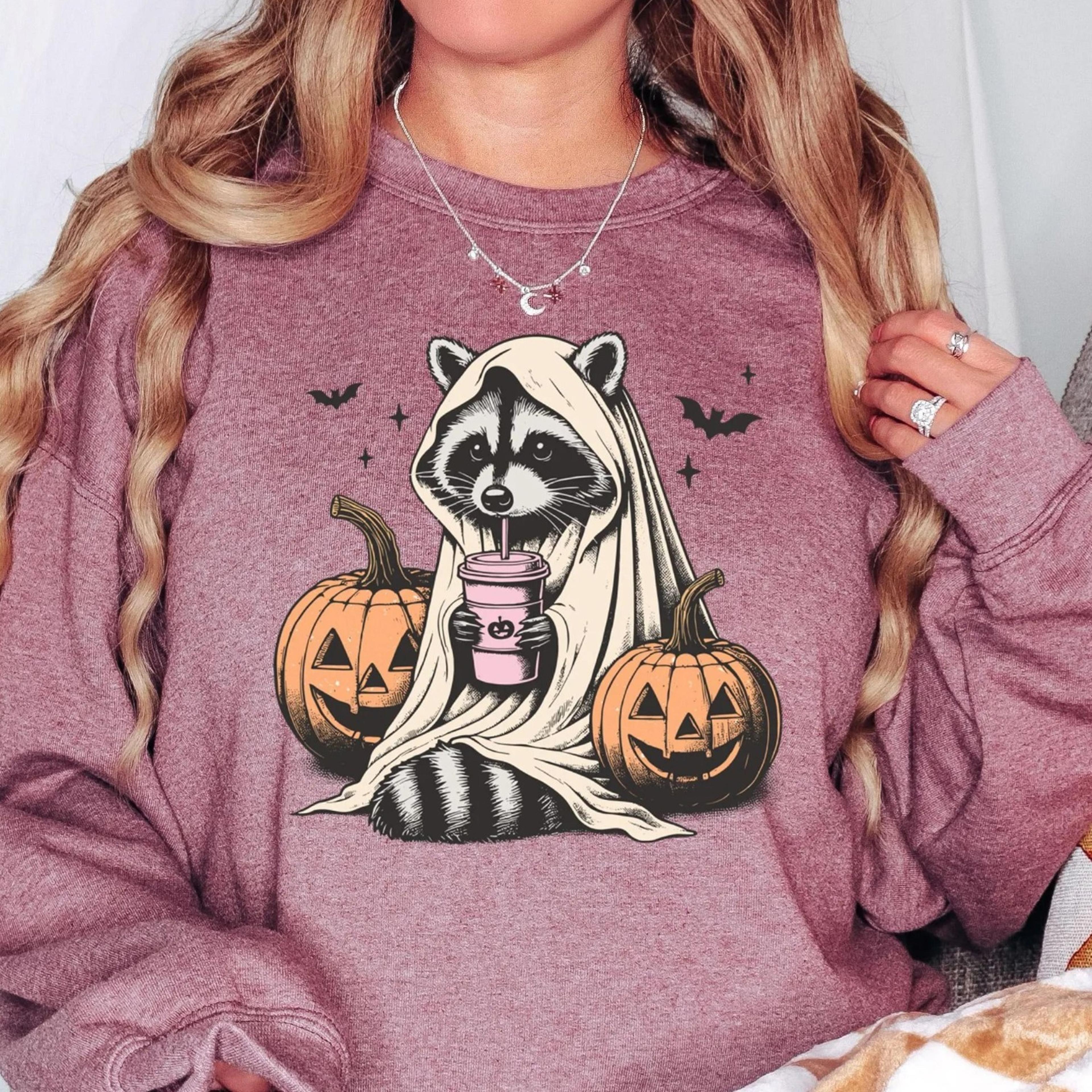 Halloween Sweatshirt Cute Raccoon Ghost TShirt Retro Halloween Shirts Spooky Season Gift Raccoon Ha 