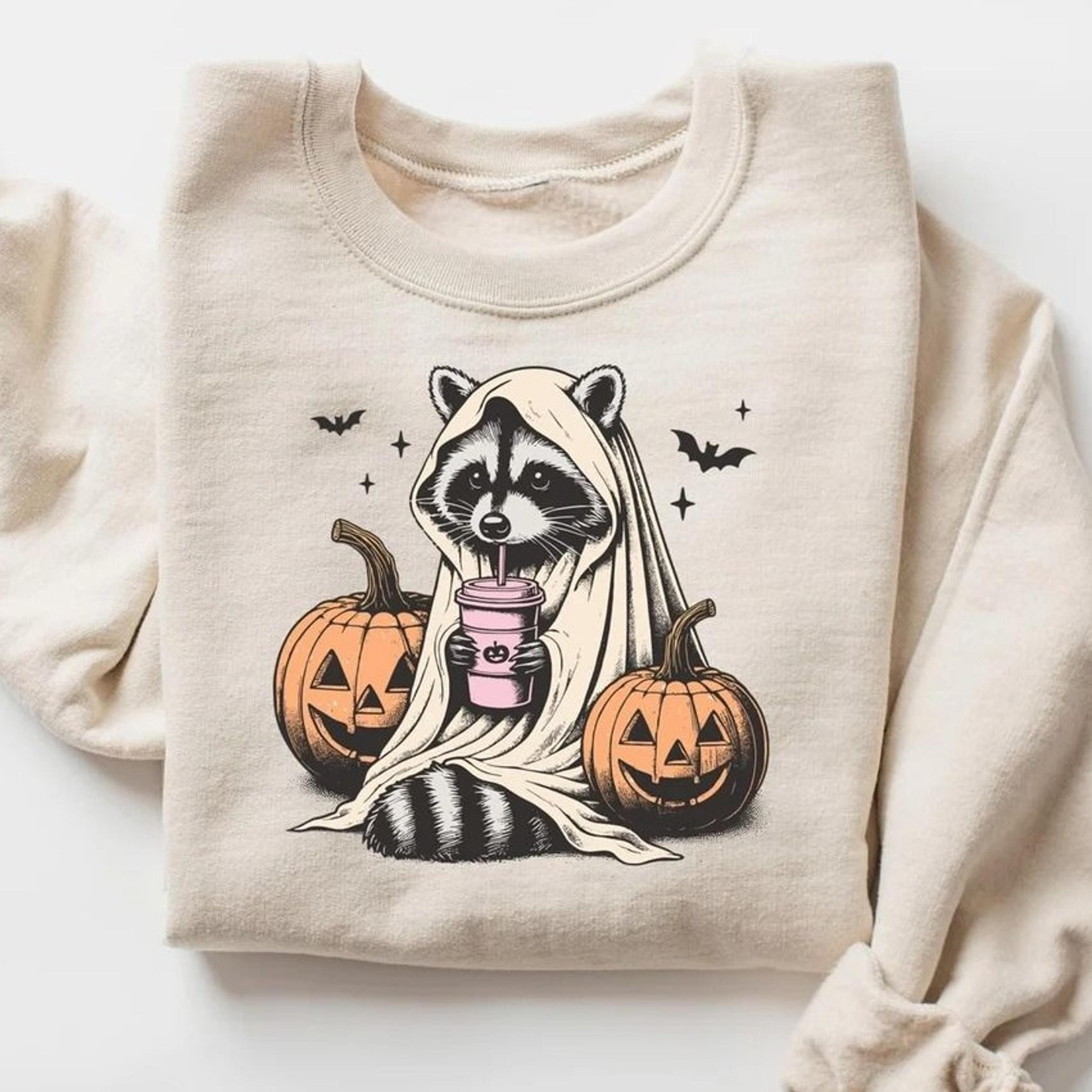 Halloween Sweatshirt Cute Raccoon Ghost TShirt Retro Halloween Shirts Spooky Season Gift Raccoon Ha 