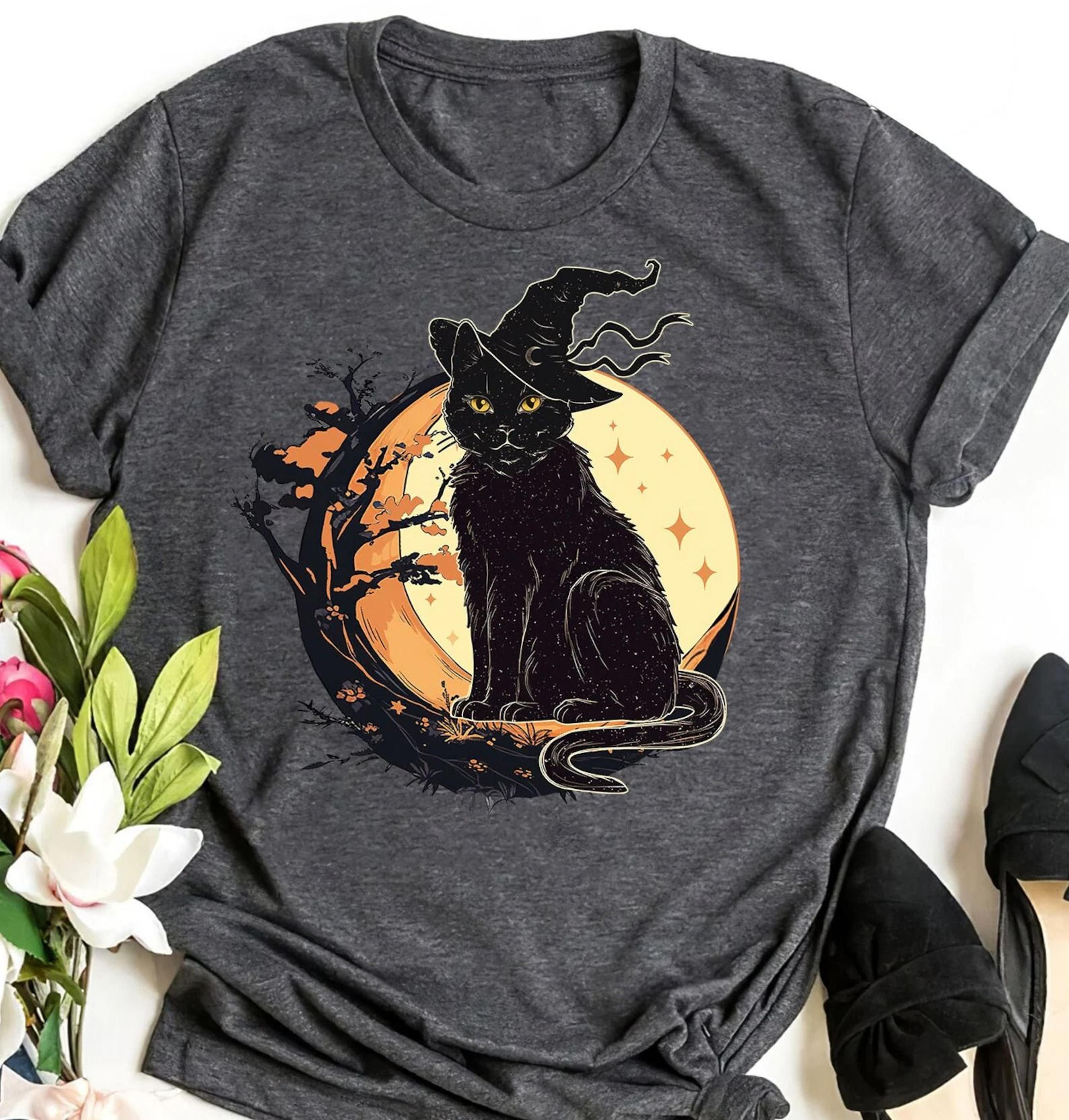 Vintage Black Cat Witch TShirt Retro Halloween Moon Design 1