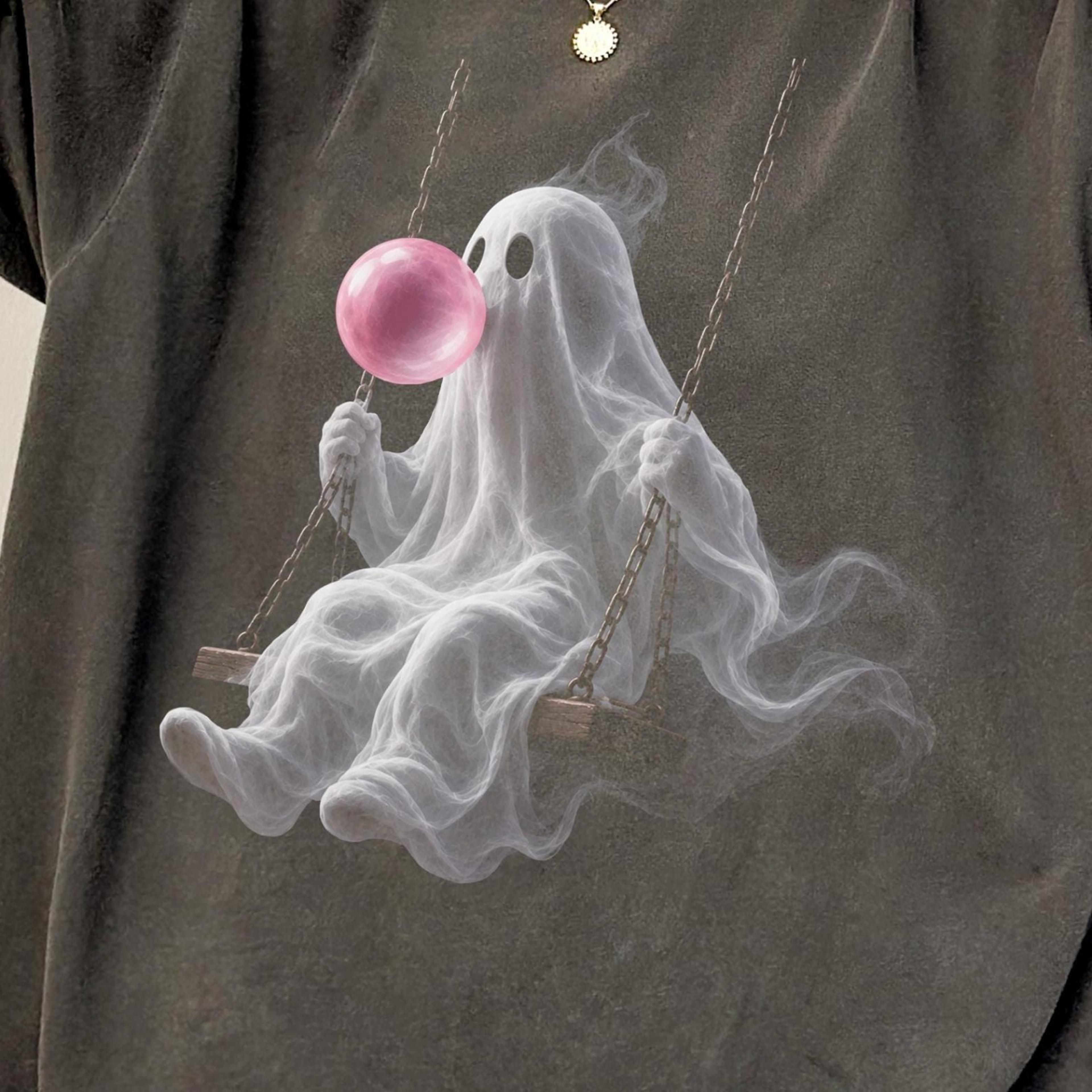 Ghost Swinging T Shirt Pink Bubble Halloween Tee Cute Spooky Ghost Shirt For Women 2jpg