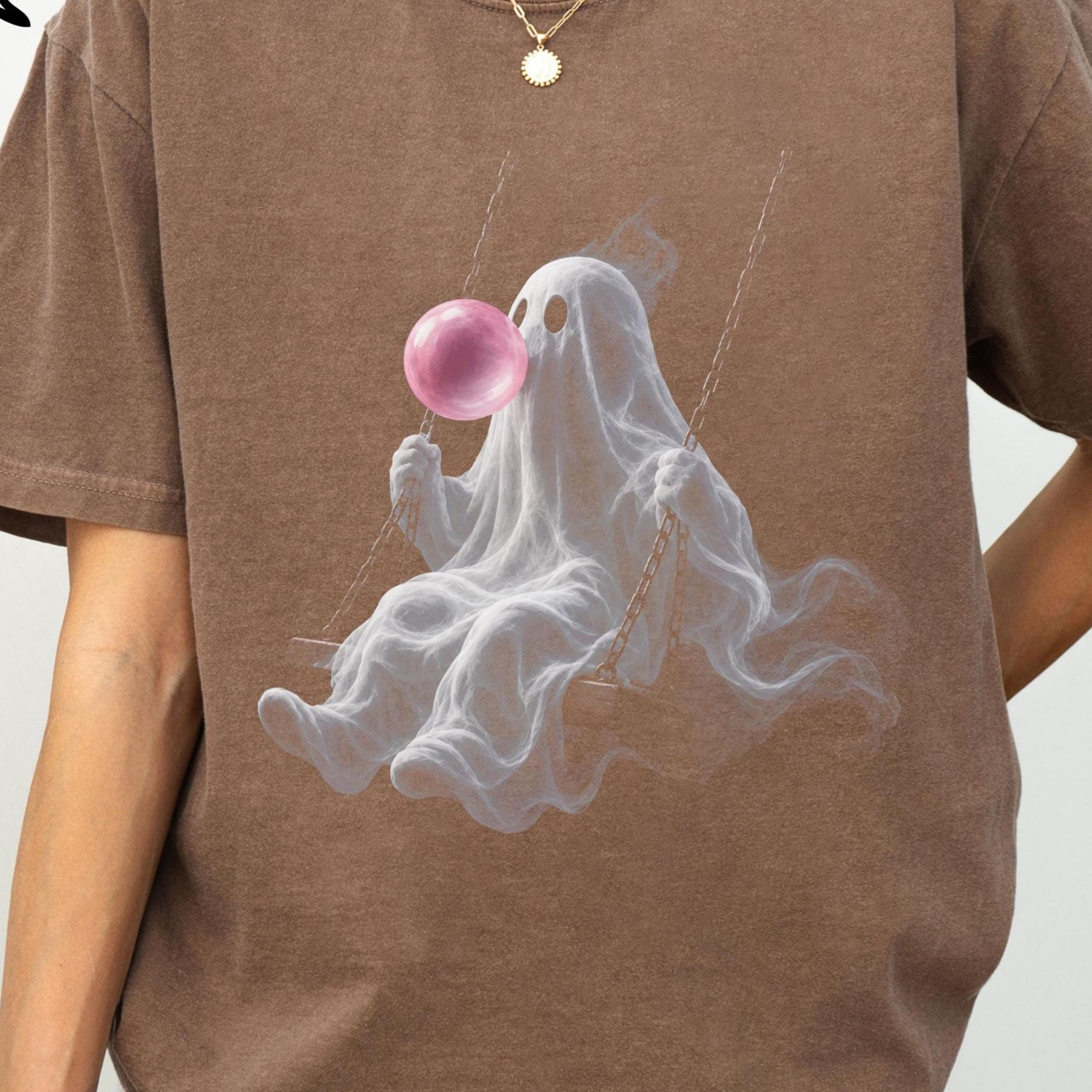 Ghost Swinging T Shirt Pink Bubble Halloween Tee Cute Spooky Ghost Shirt For Women 3jpg