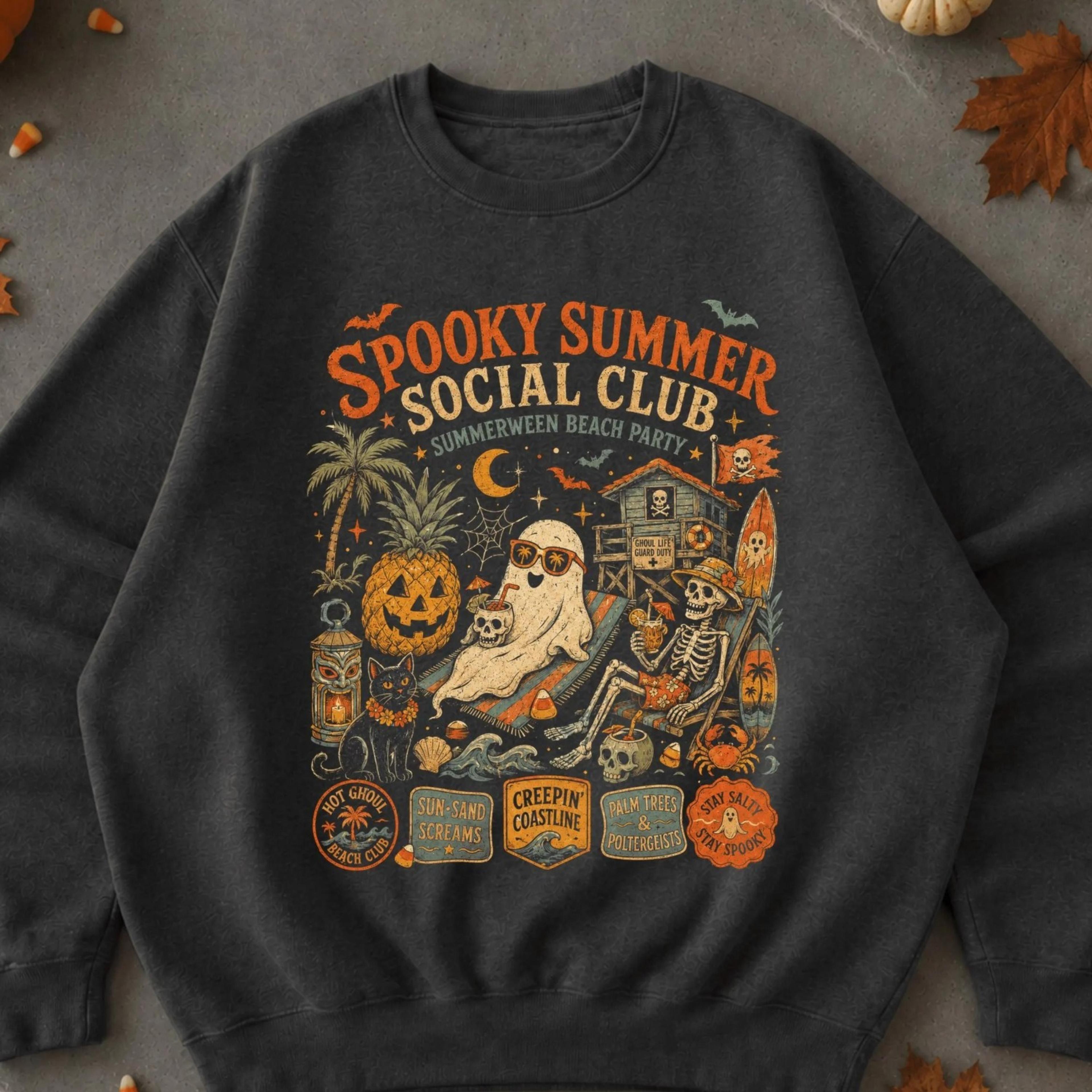 Spooky Summer Social Club Shirt Summerween Halloween Tshirt Ghost Skeleton Pumpkin Beach Tee Retro  