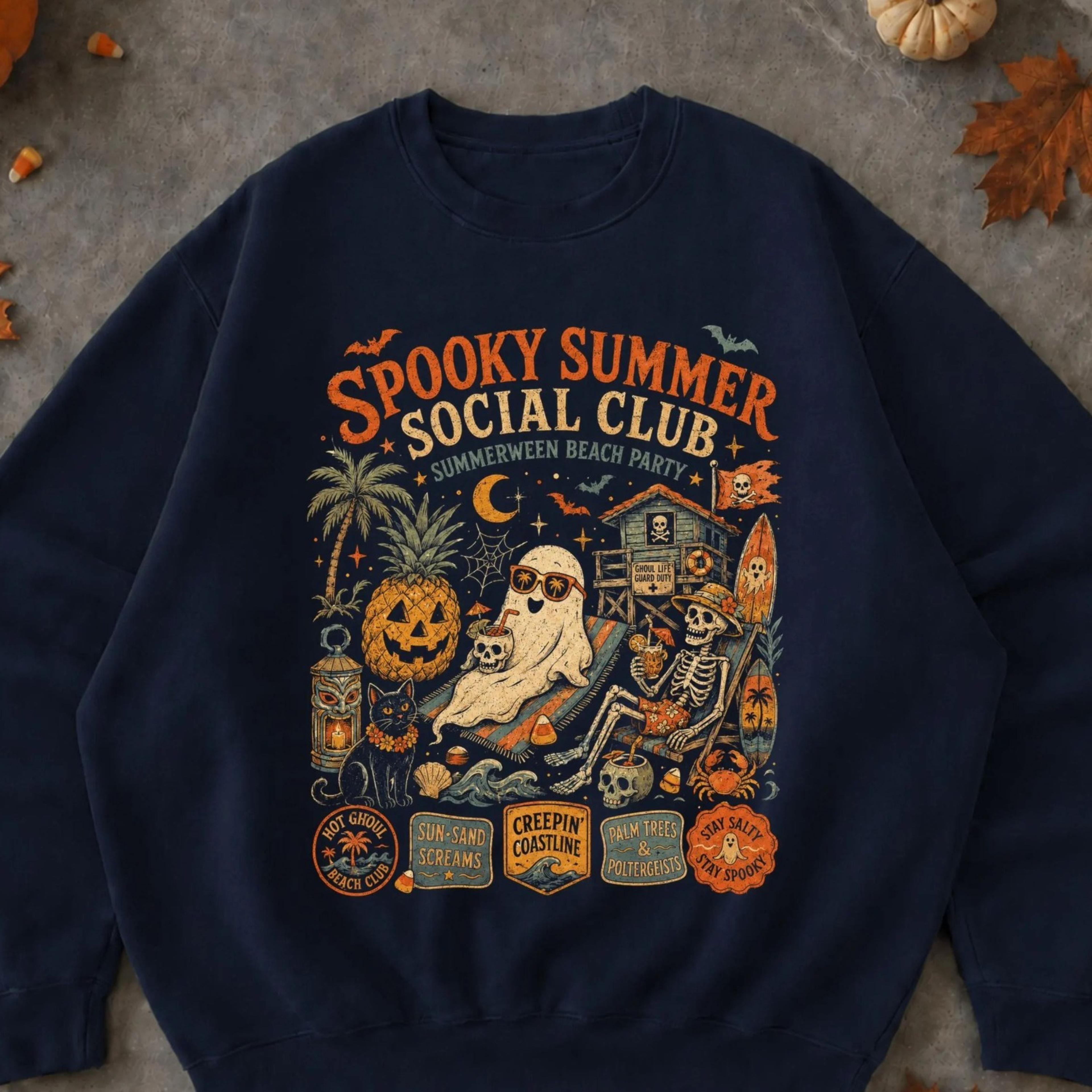 Spooky Summer Social Club Shirt Summerween Halloween Tshirt Ghost Skeleton Pumpkin Beach Tee Retro  