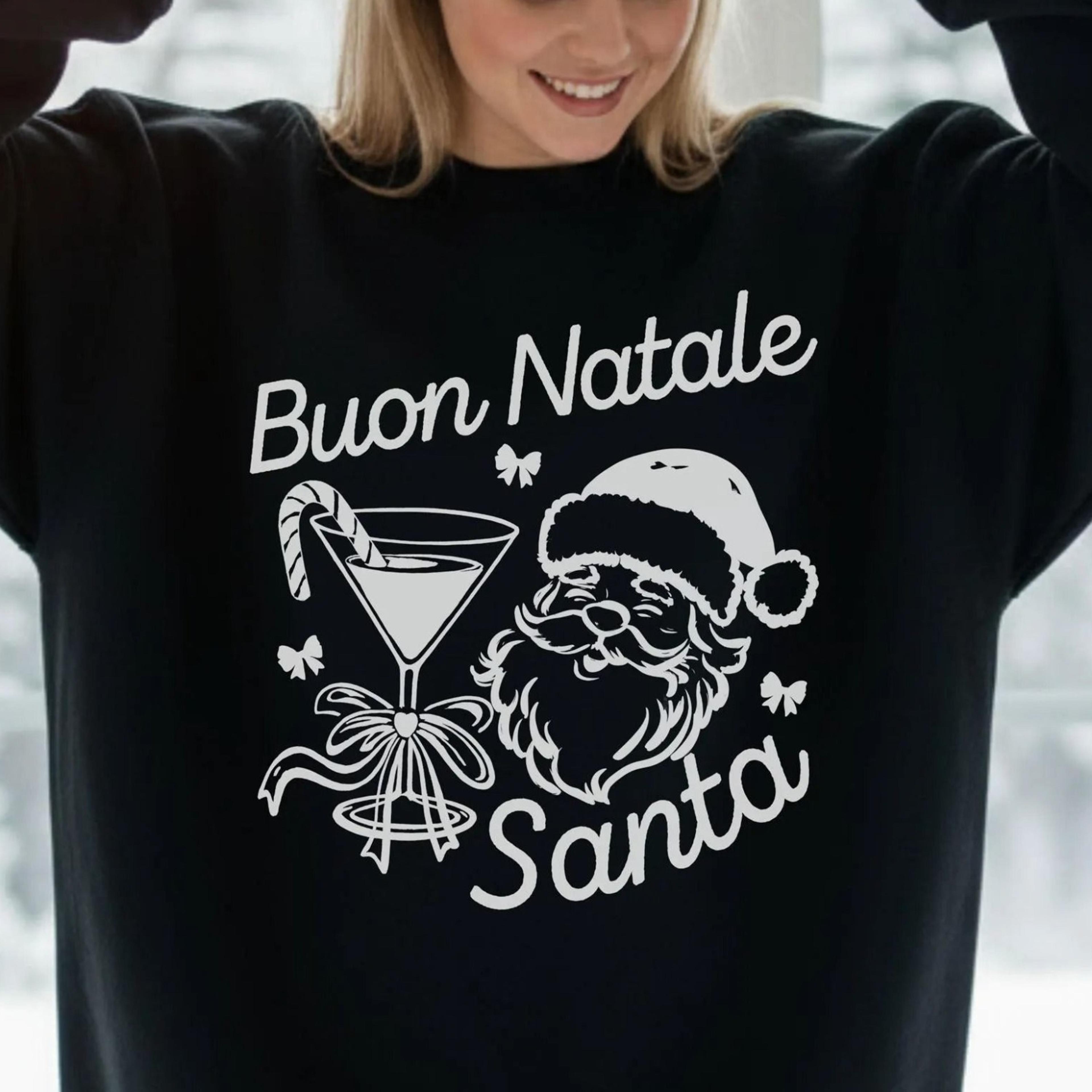 buon natale santa christmas doodle sweatshirt, coquette italian amalfi christmas, preppy candycane sweater, xmas party
