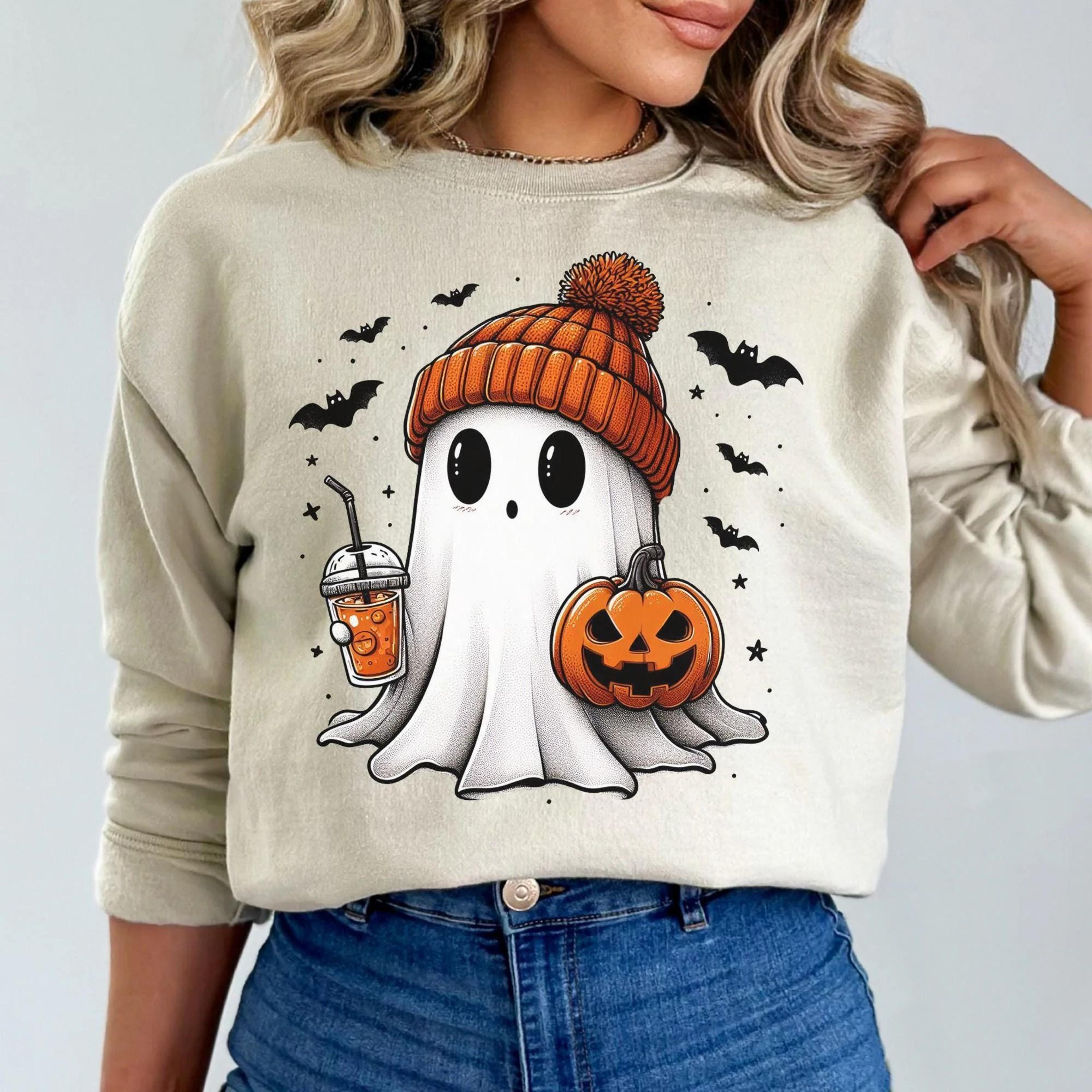 Cute Ghost Halloween Sweatshirt Fall Pumpkin Ghost Shirt Spooky Season Aesthetic Tee Autumn Cozy Cr
