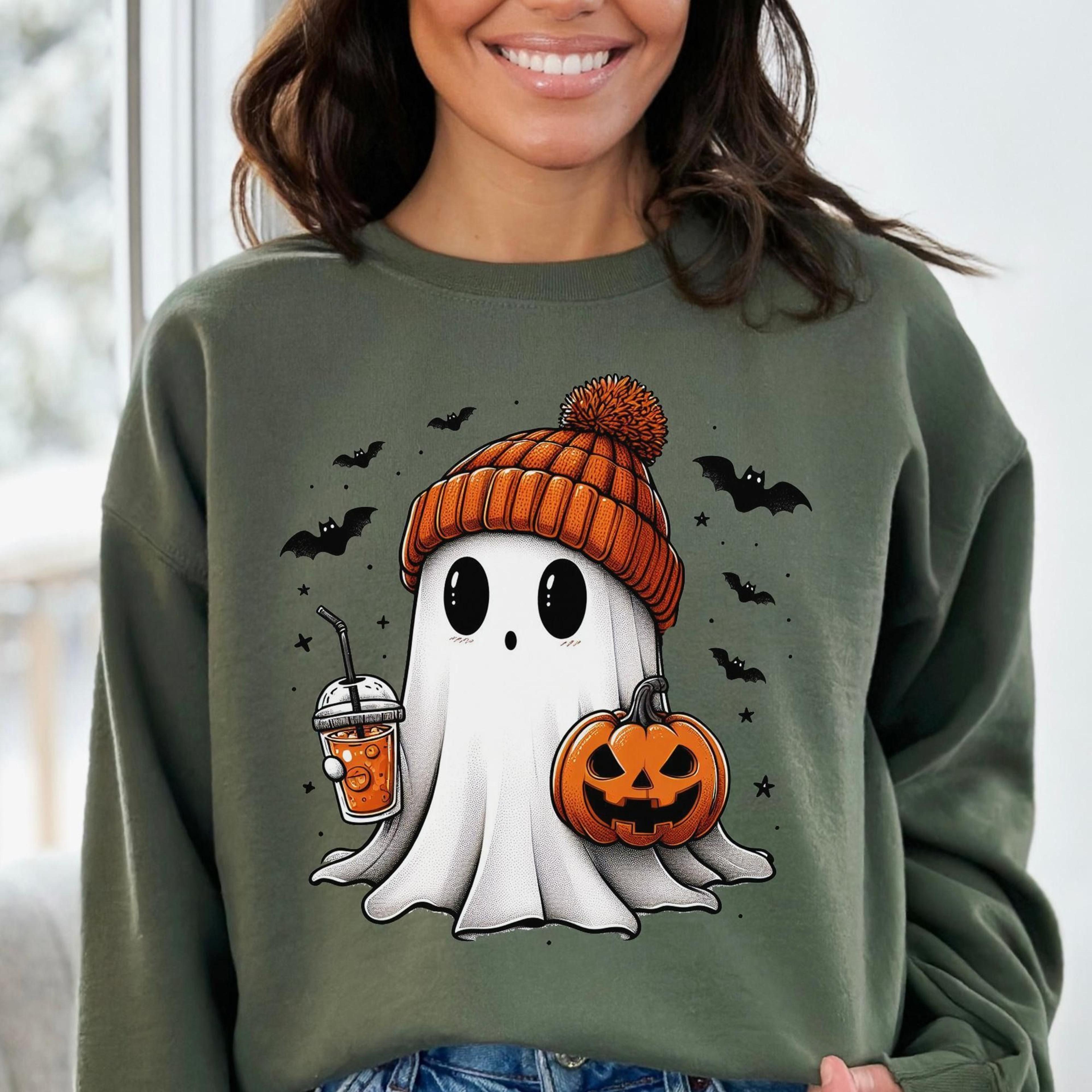 Cute Ghost Halloween Sweatshirt Fall Pumpkin Ghost Shirt Spooky Season Aesthetic Tee Autumn Cozy Cr