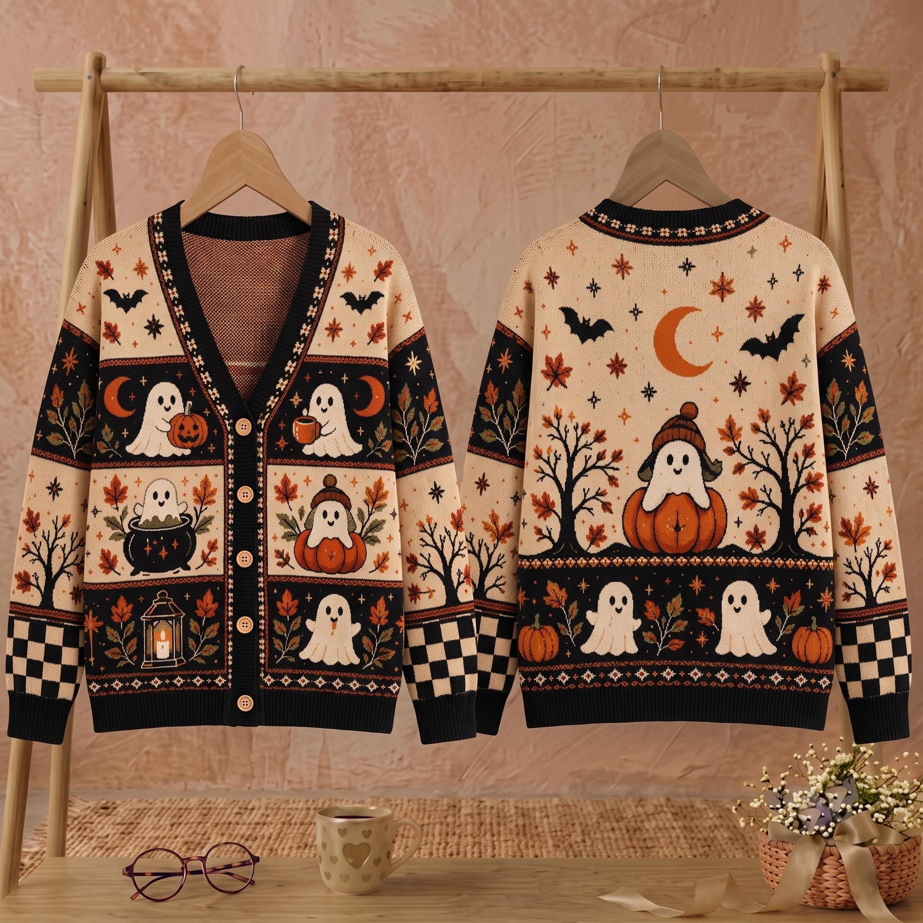 cute ghost halloween cardigan, unisex adult pumpkin fall sweater, spooky autumn cardigan, cozy halloween gift