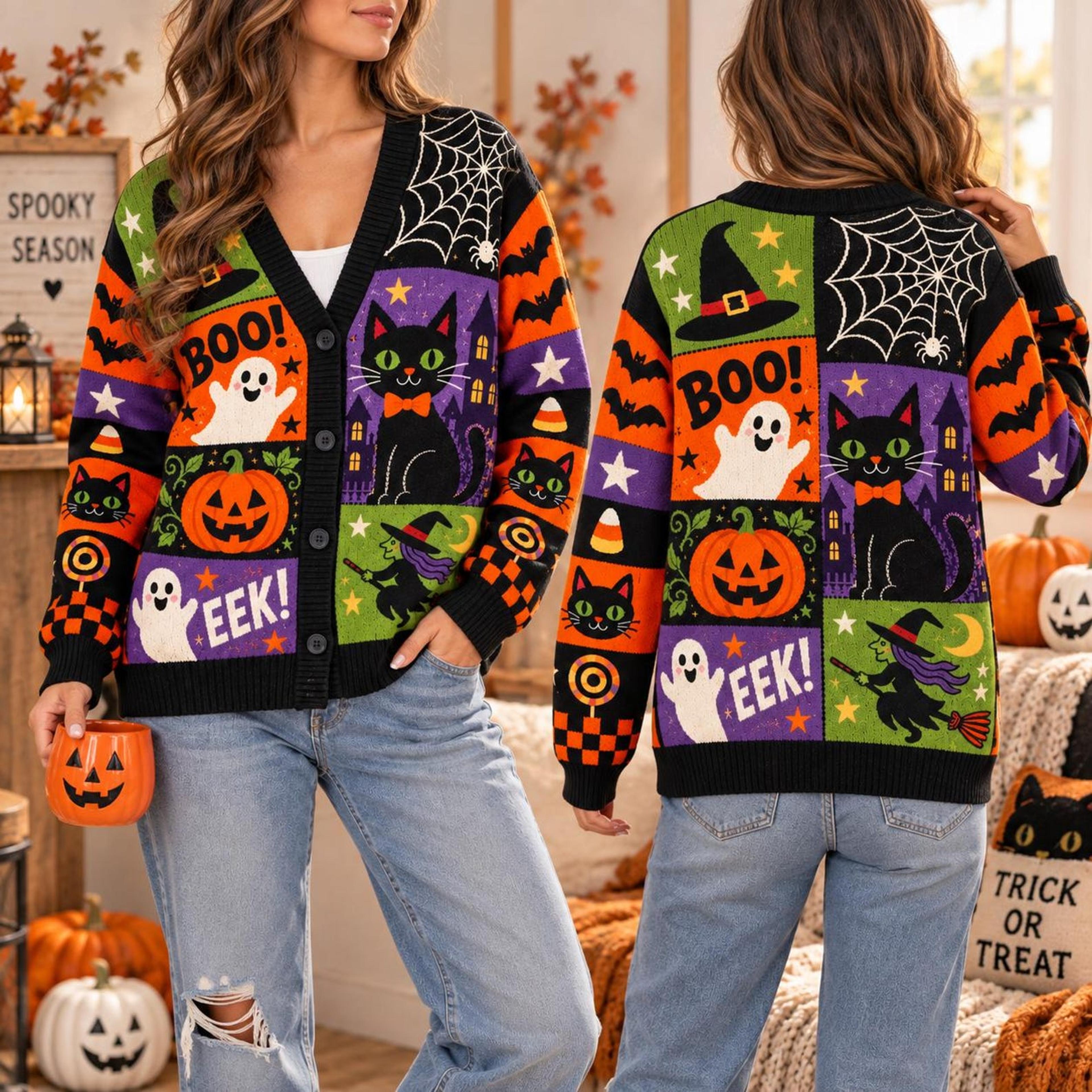 halloween cardigan unisex adult, black cat ghost pumpkin witch sweater, spooky boo halloween cardigan, fall costume top