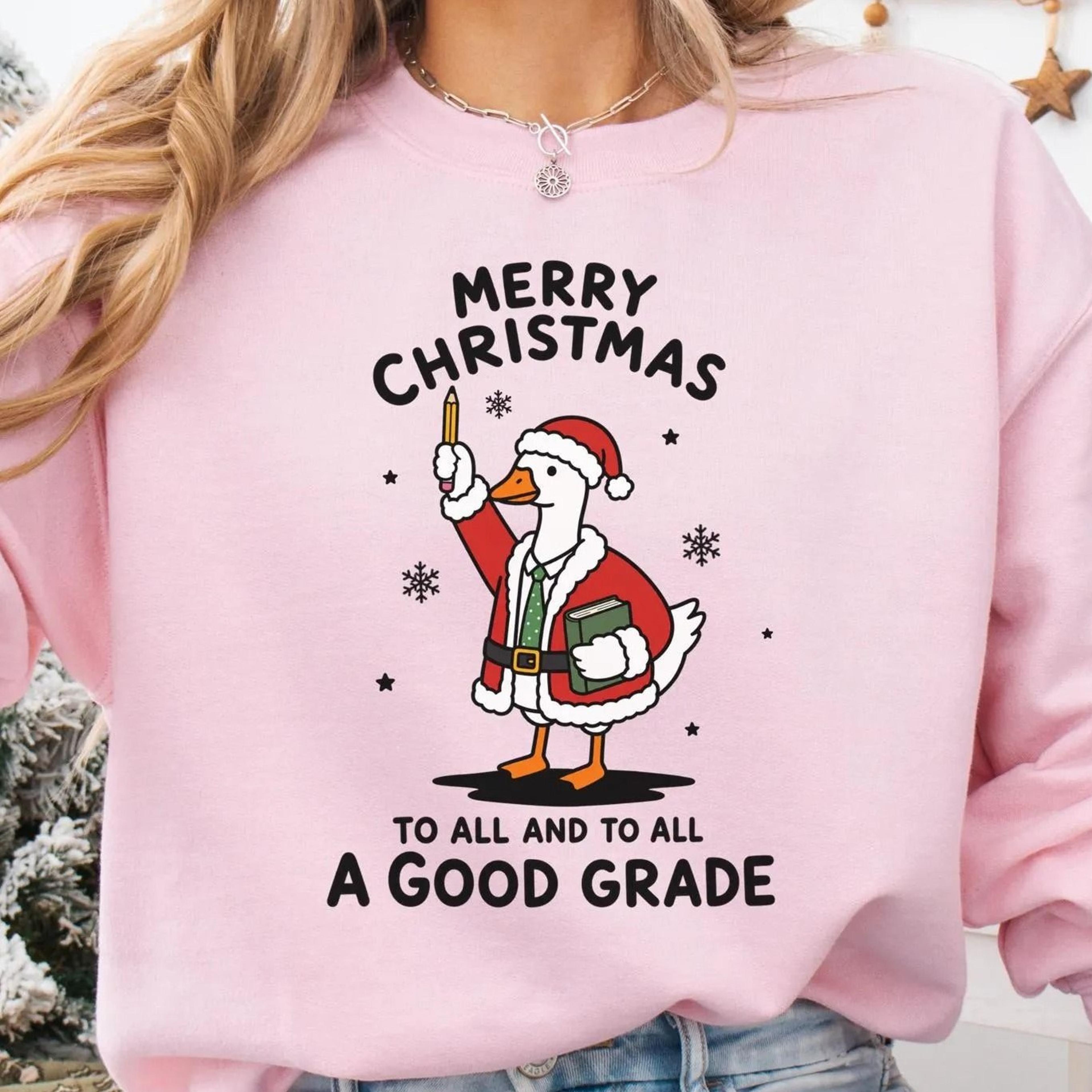 merry christmas goose teacher sweatshirt, funny goose santa teacher xmas sweater, holiday teacher crewneck