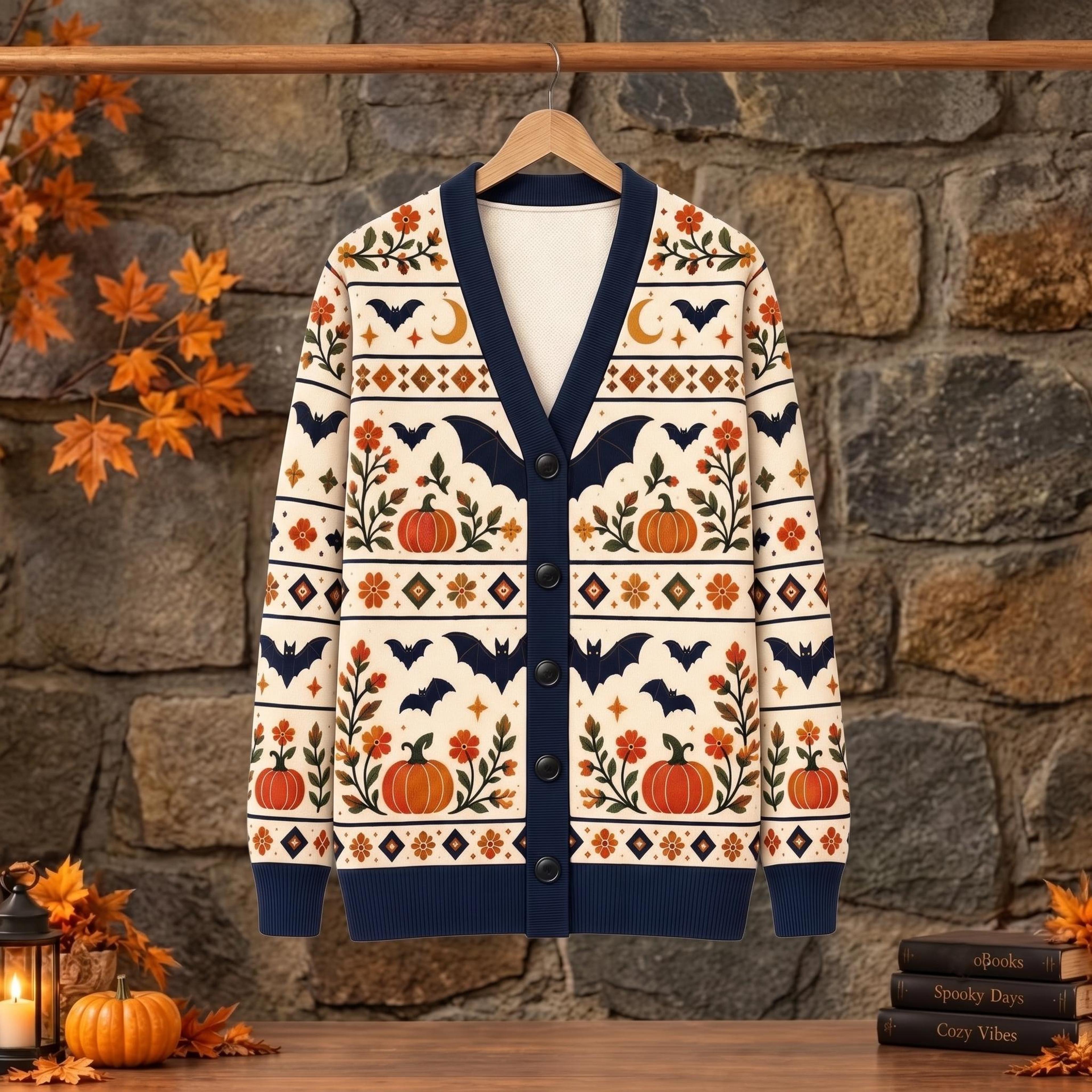 halloween bat cardigan, unisex adult pumpkin sweater, spooky autumn floral cardigan, vintage fall moon knit style