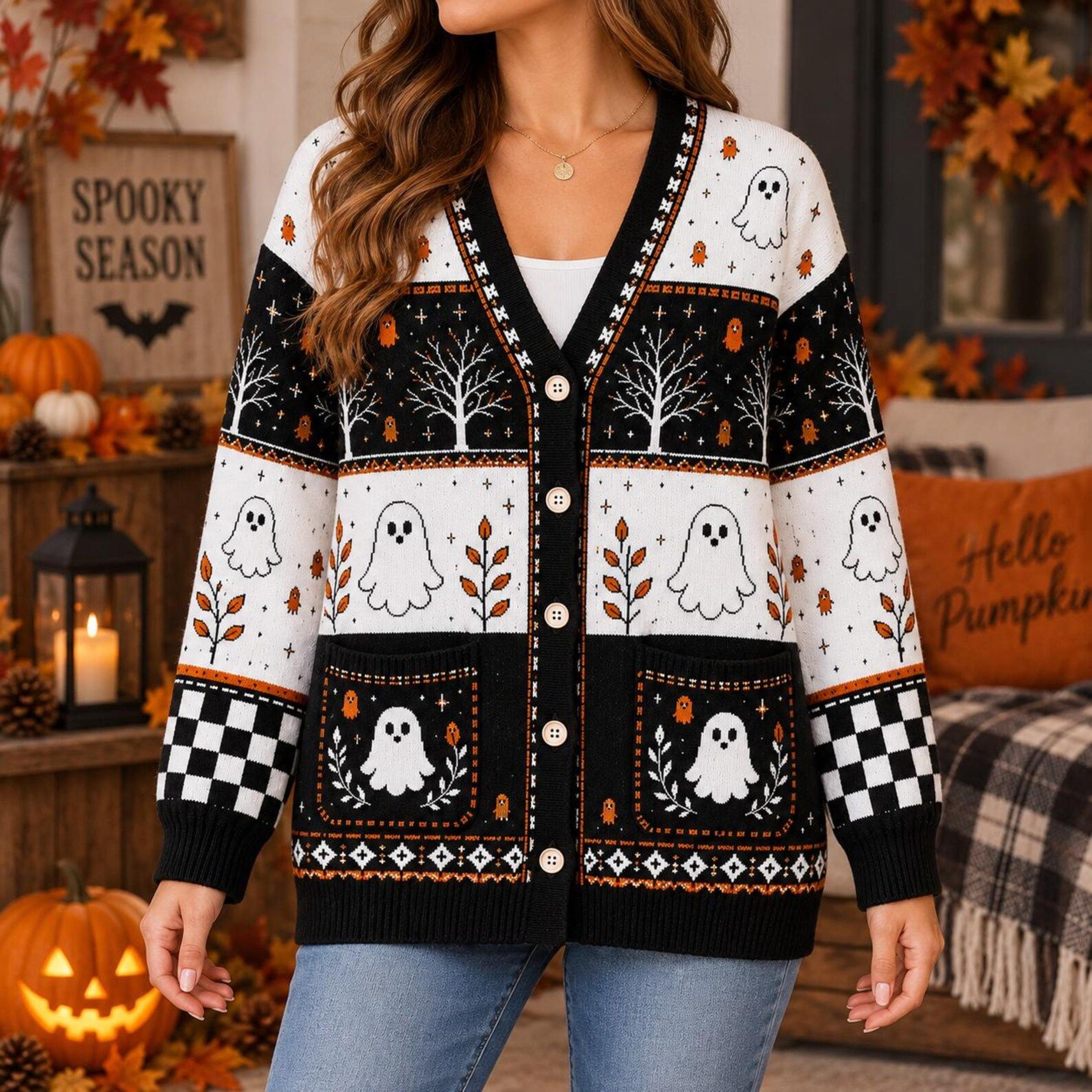 halloween ghost cardigan, unisex adult spooky season sweater, black white orange ghost fall cardigan, cozy autumn top