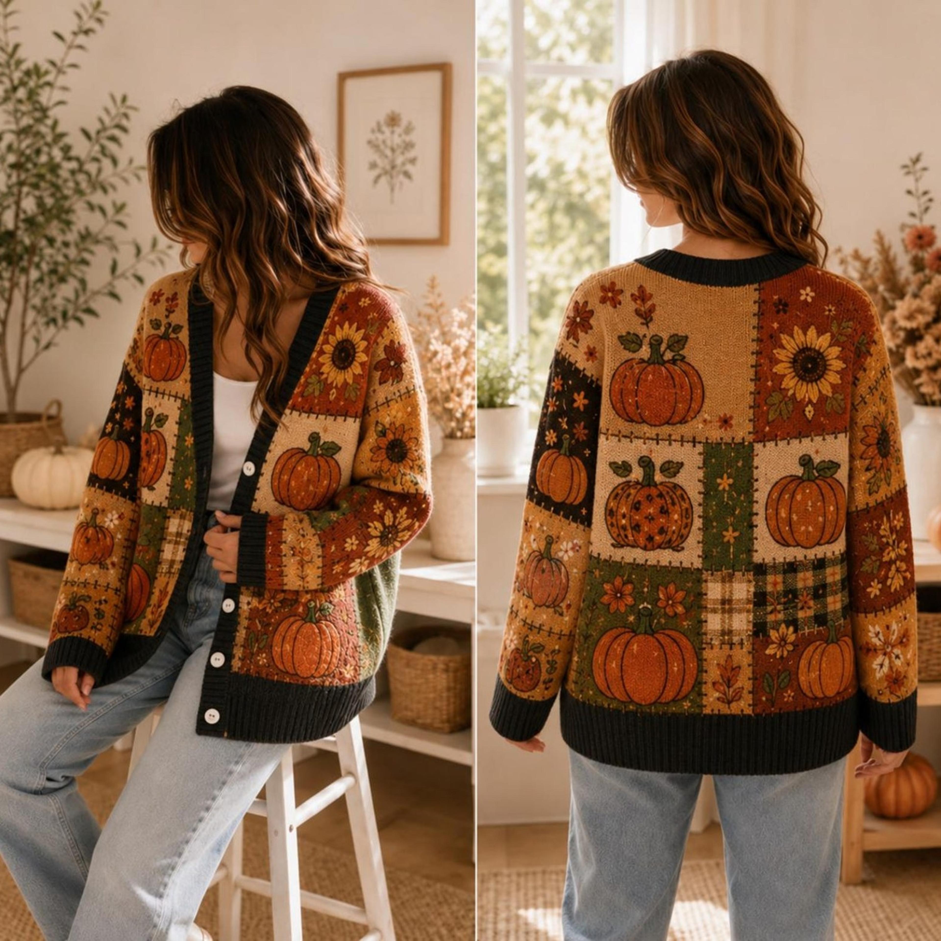autumn pumpkin patchwork cardigan, unisex adult fall sweater, sunflower pumpkin harvest cardigan, cozy thanksgiving top