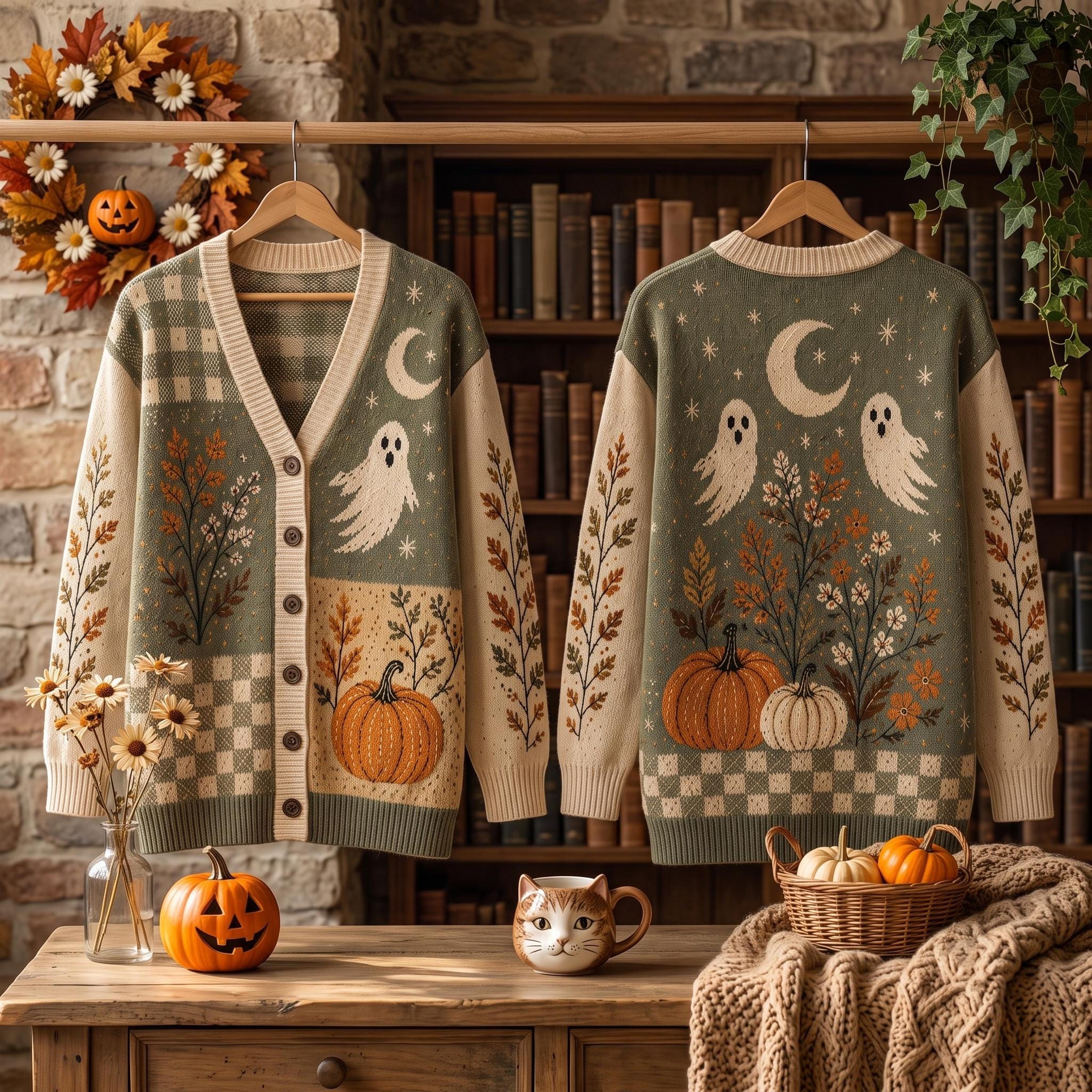 halloween ghost pumpkin cardigan, cozy autumn moon sweater, cottagecore fall floral unisex adult cardigan