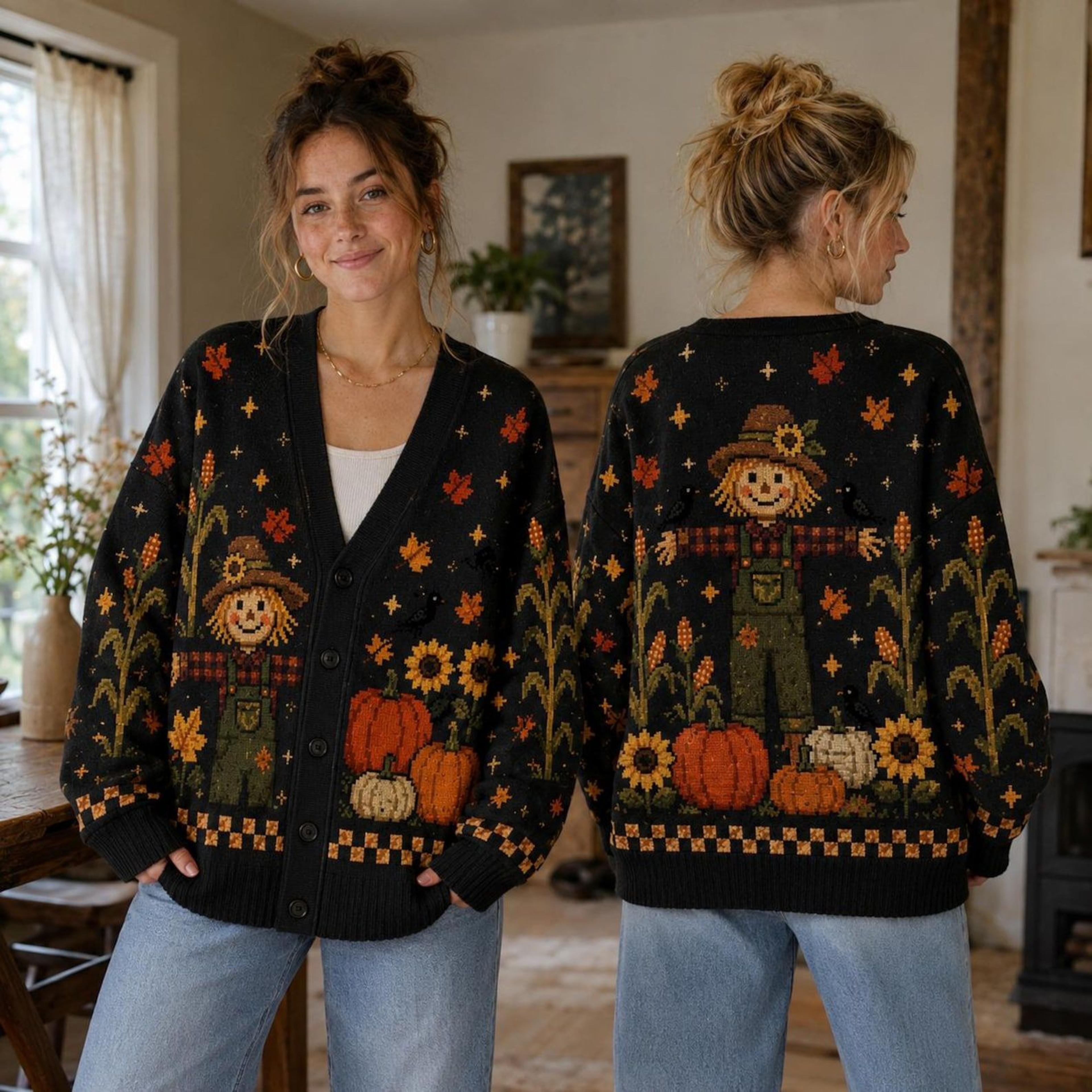 scarecrow pumpkin halloween cardigan, sunflower harvest sweater, unisex adult fall thanksgiving cardigan