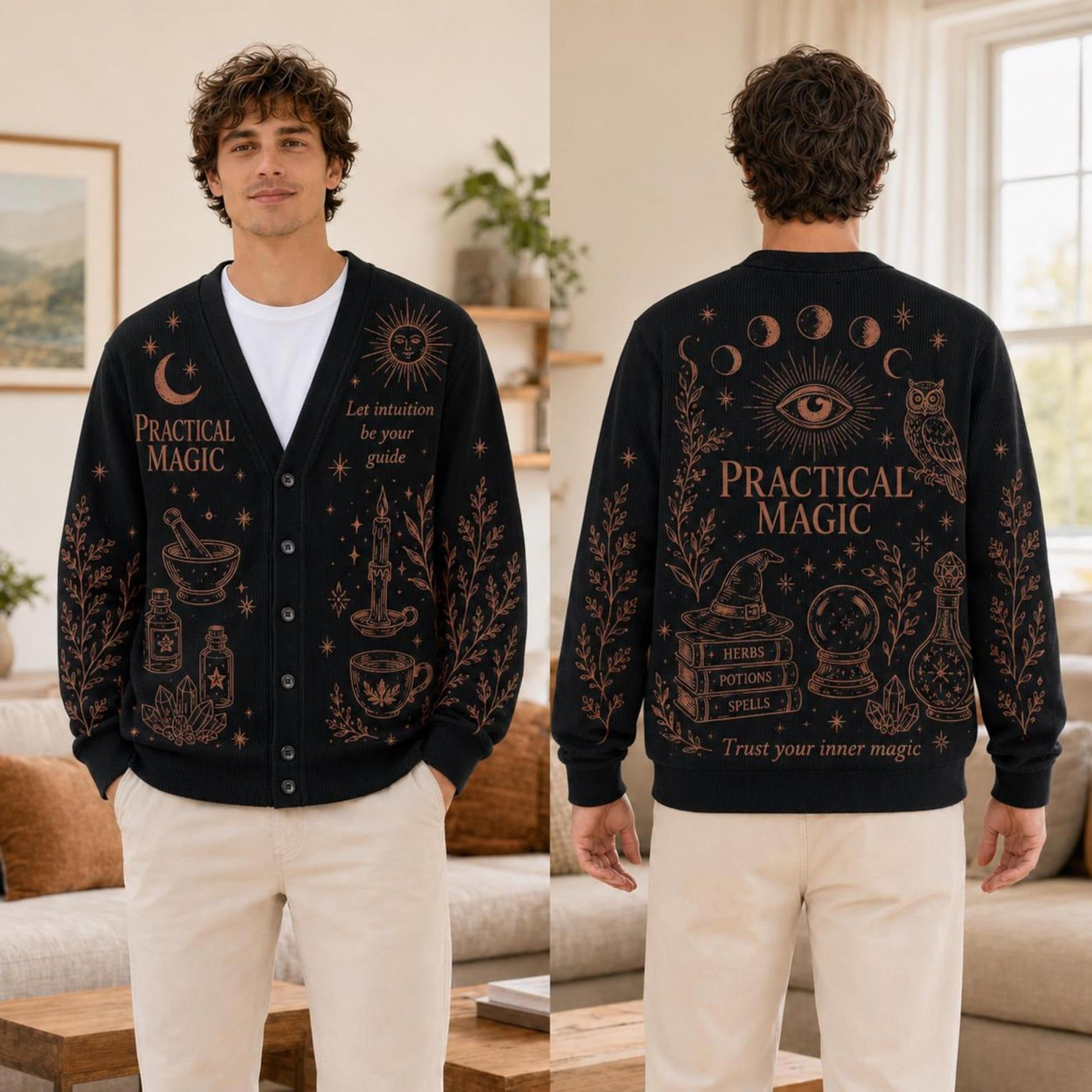 practical magic halloween cardigan, witchy celestial moon sweater, unisex adult gothic spooky season cardigan