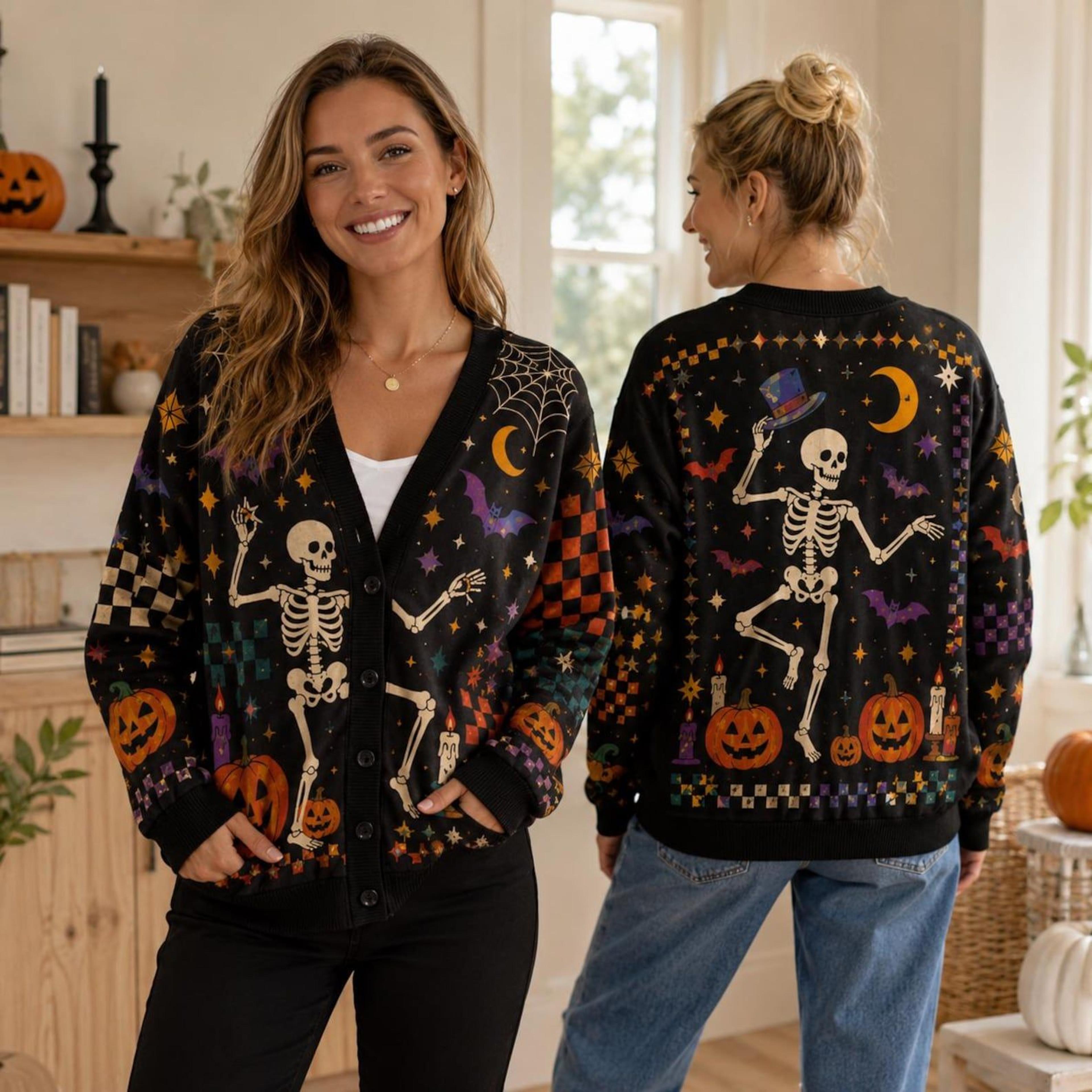 halloween skeleton cardigan, unisex adult dancing skeleton printed sweater, pumpkin bat spooky fall cardigan