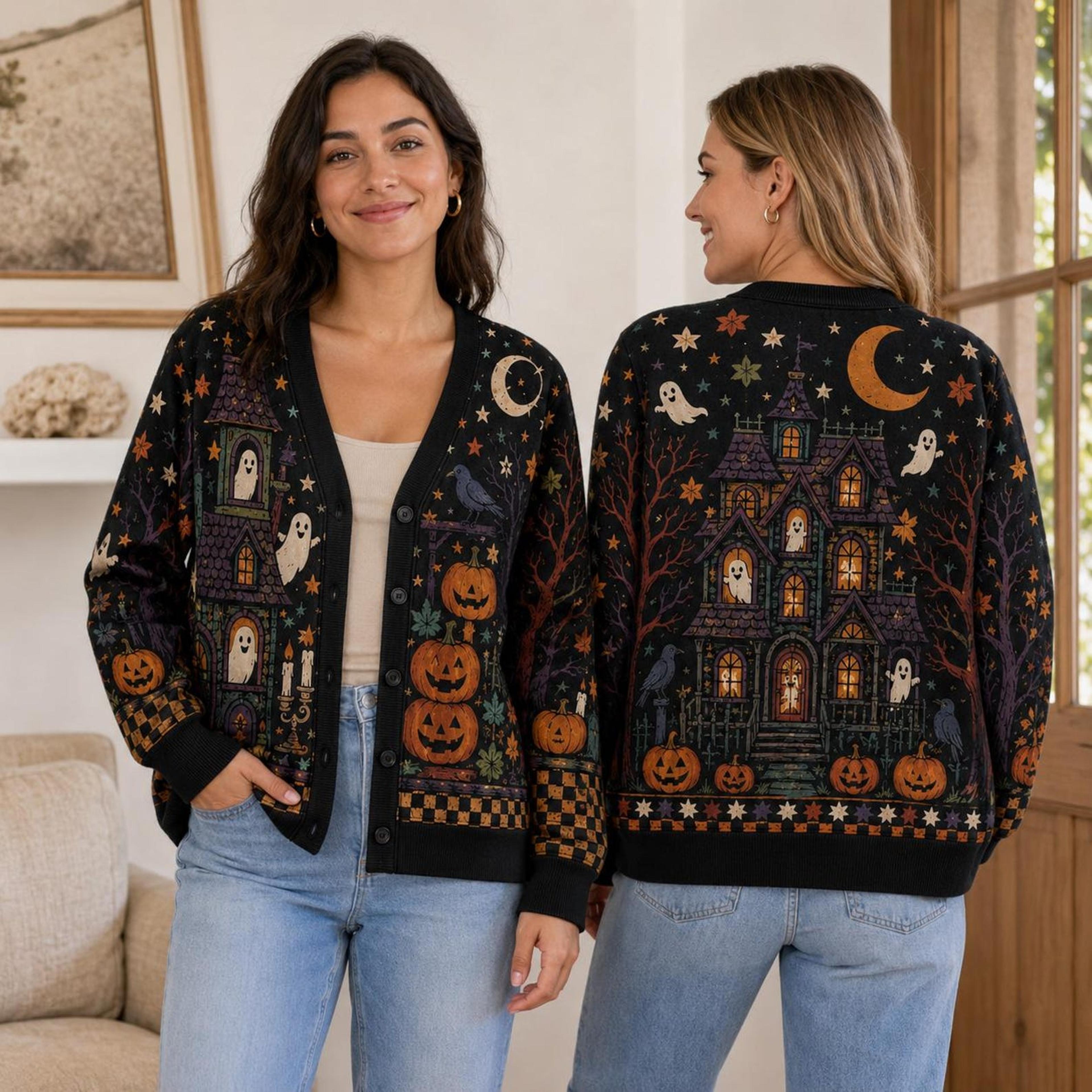 halloween haunted house cardigan, unisex adult ghost pumpkin printed sweater, spooky moon gothic fall cardigan