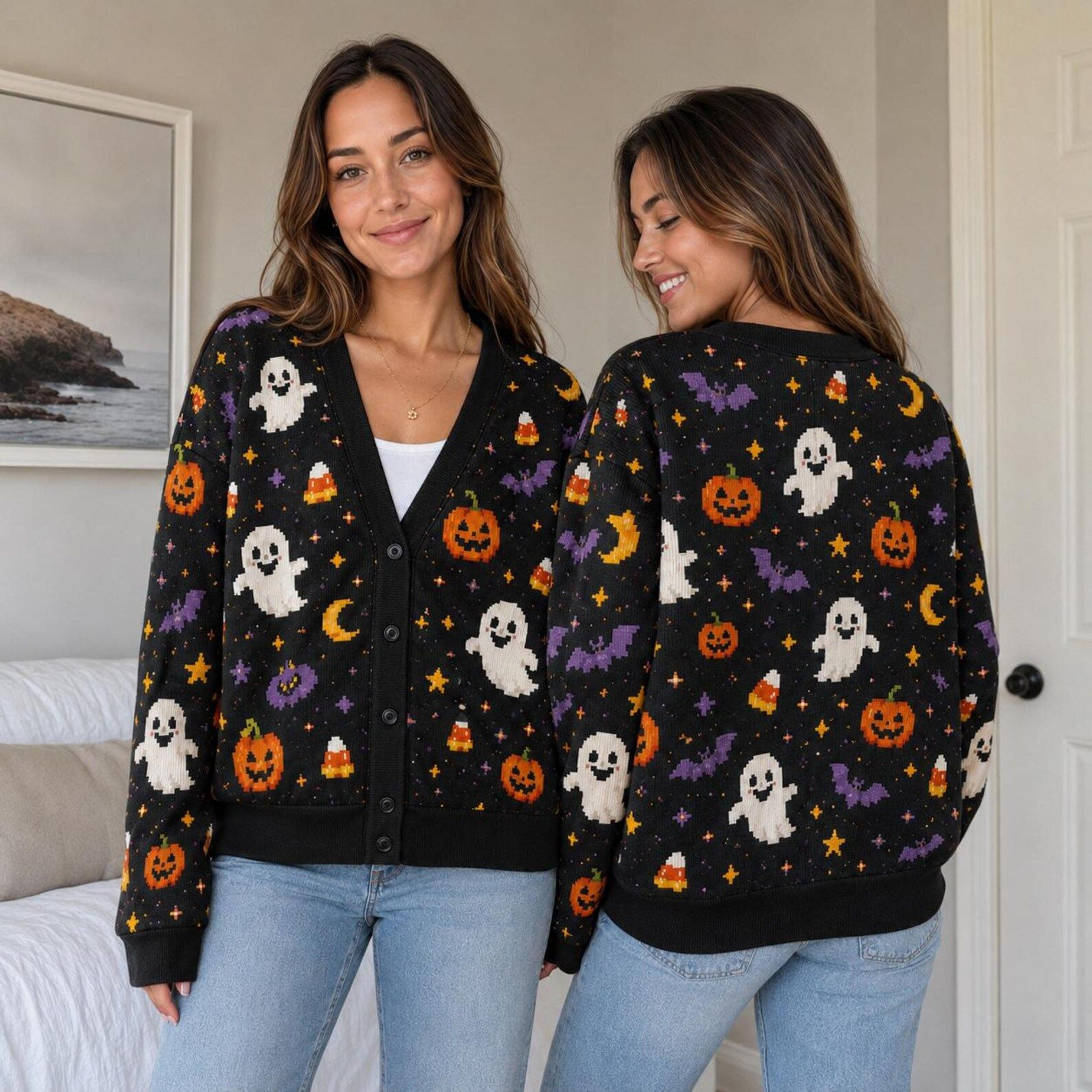 halloween ghost pumpkin cardigan, unisex adult spooky bat candy corn printed sweater, cute october fall cardigan