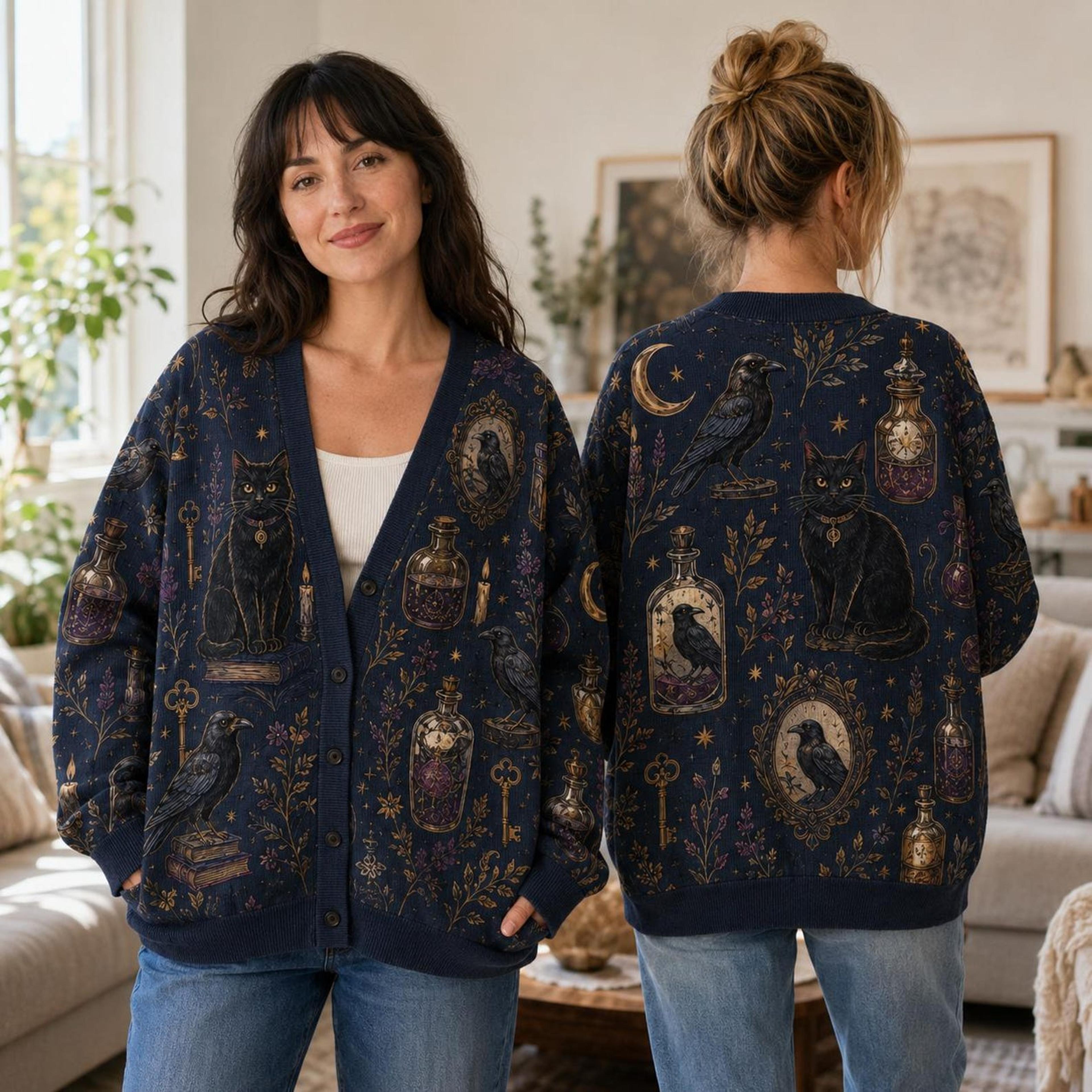 halloween black cat raven cardigan, unisex adult gothic moon potion printed sweater, witchy spooky fall cardigan