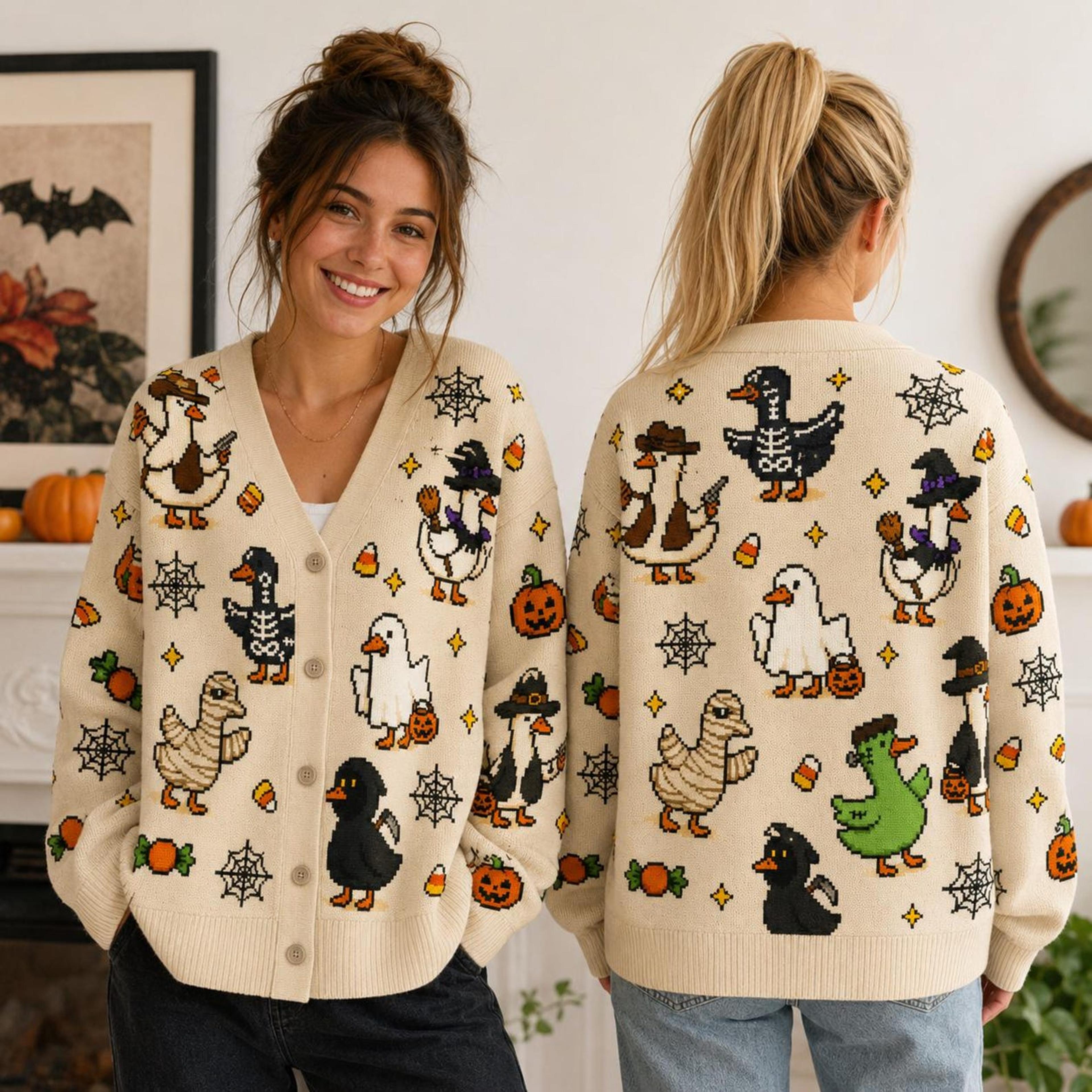 halloween duck cardigan, unisex adult spooky goose pumpkin spider web printed sweater, cute fall cardigan